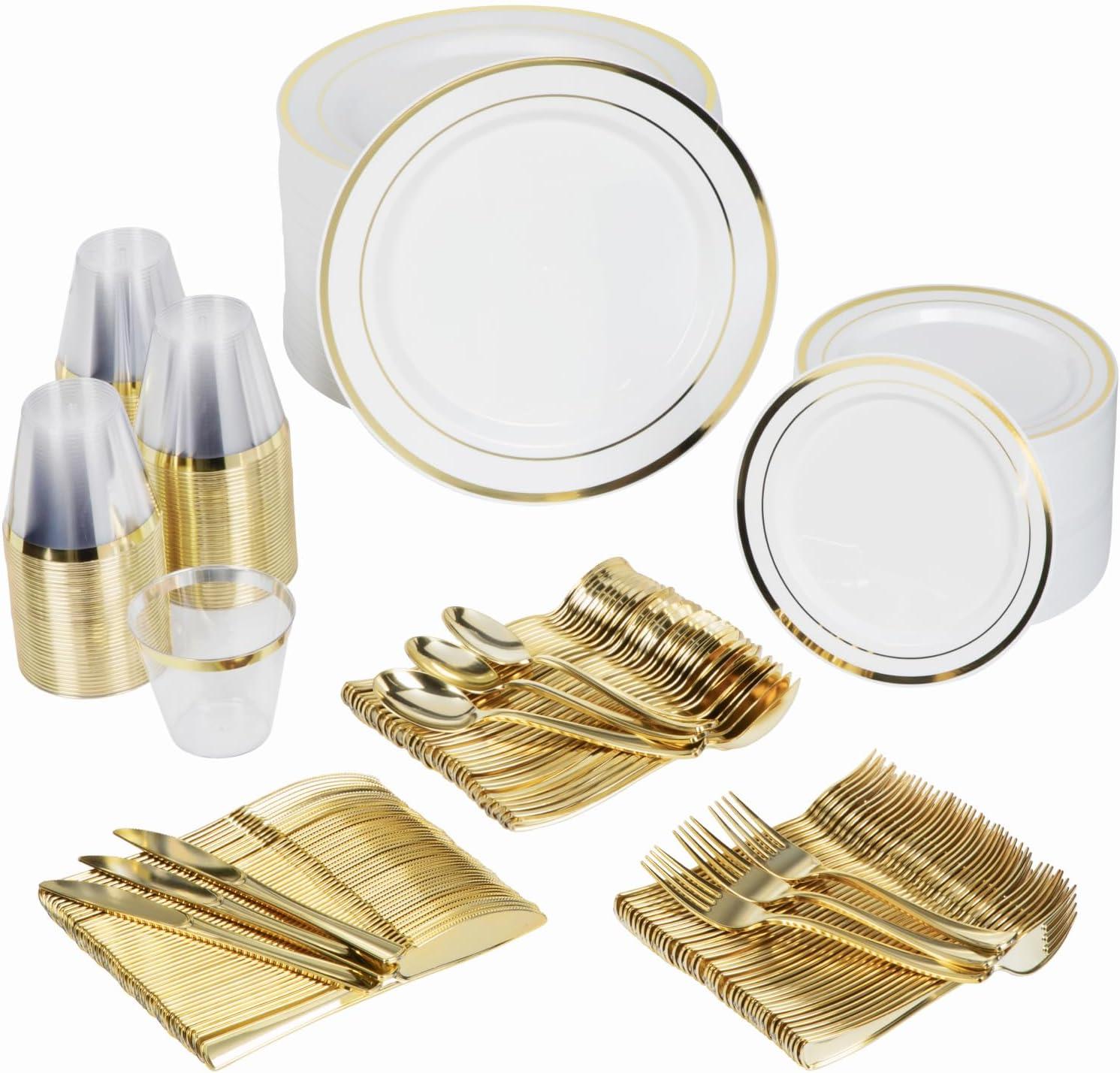 Gold Disposable Dinnerware Set for 100 Guests - 600PC BPA-Free Plastic Plates & Cutlery Kit with 100 Dinner Plates, Salad Plates, Forks, Knives, Spoons & Cups for Wedding, Party, Catering (Heavy-Duty)