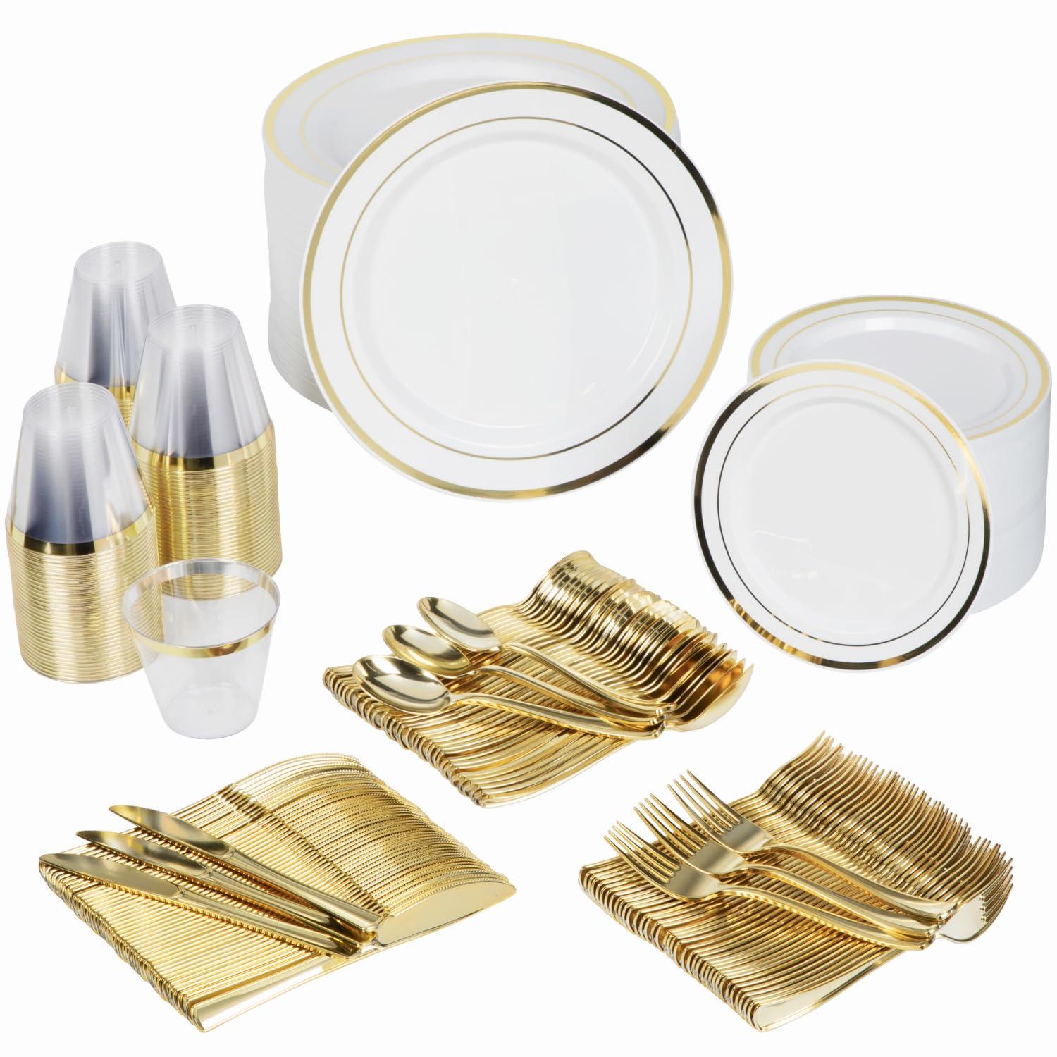 Gold Disposable Dinnerware Set for 100 Guests - 600PC BPA-Free Plastic Plates & Cutlery Kit with 100 Dinner Plates, Salad Plates, Forks, Knives, Spoons & Cups for Wedding, Party, Catering (Heavy-Duty)