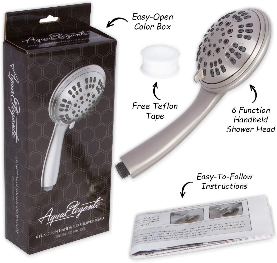 Aqua Elegante 6 Function Handheld Shower Head for High Pressure Showers - 2.5 GPM - Brushed Nickel