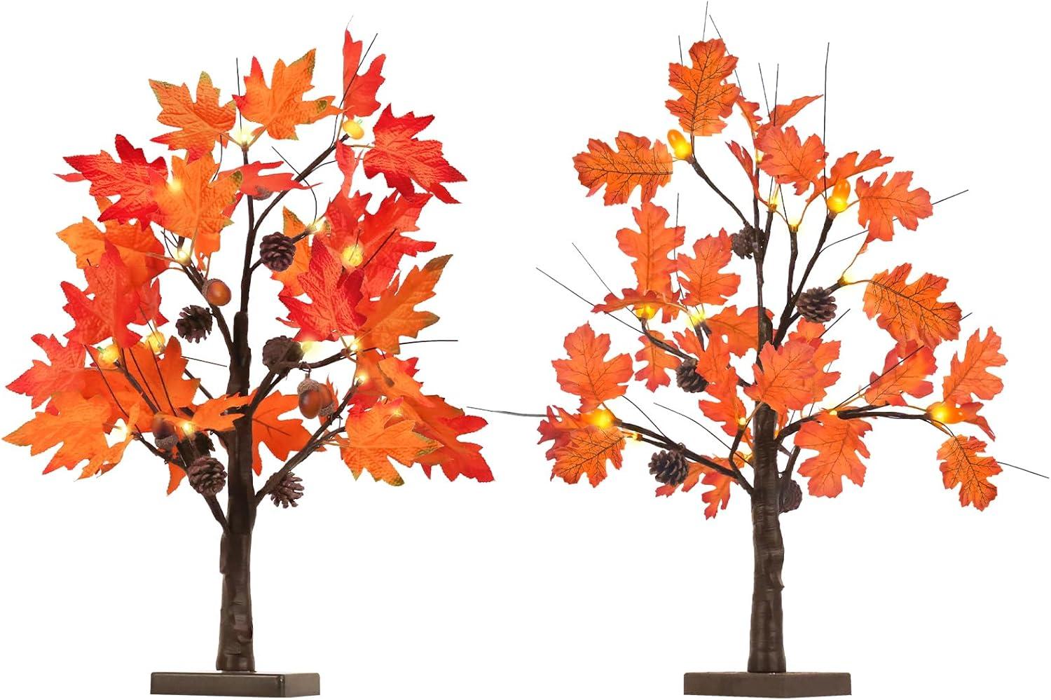 Fall Decorations For Home, 24”/2FT Lighted Fall Maple Leaves Tree With 24LT Warm White Leds For Autumn Decor, 12 Wood Acorns Ornaments Battery Powered Timer For Home Decor, Thanksgiving