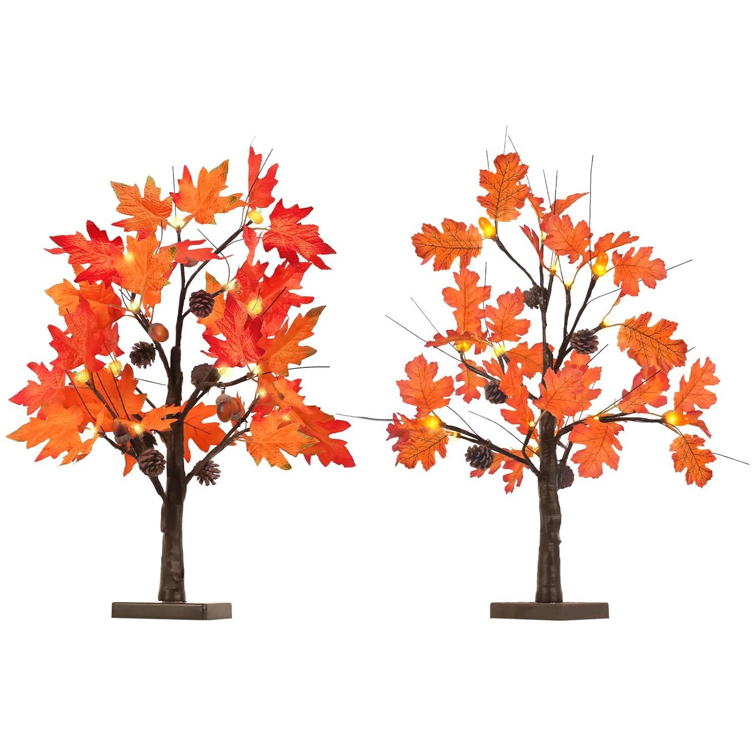 Fall Decorations For Home, 24”/2FT Lighted Fall Maple Leaves Tree With 24LT Warm White Leds For Autumn Decor, 12 Wood Acorns Ornaments Battery Powered Timer For Home Decor, Thanksgiving