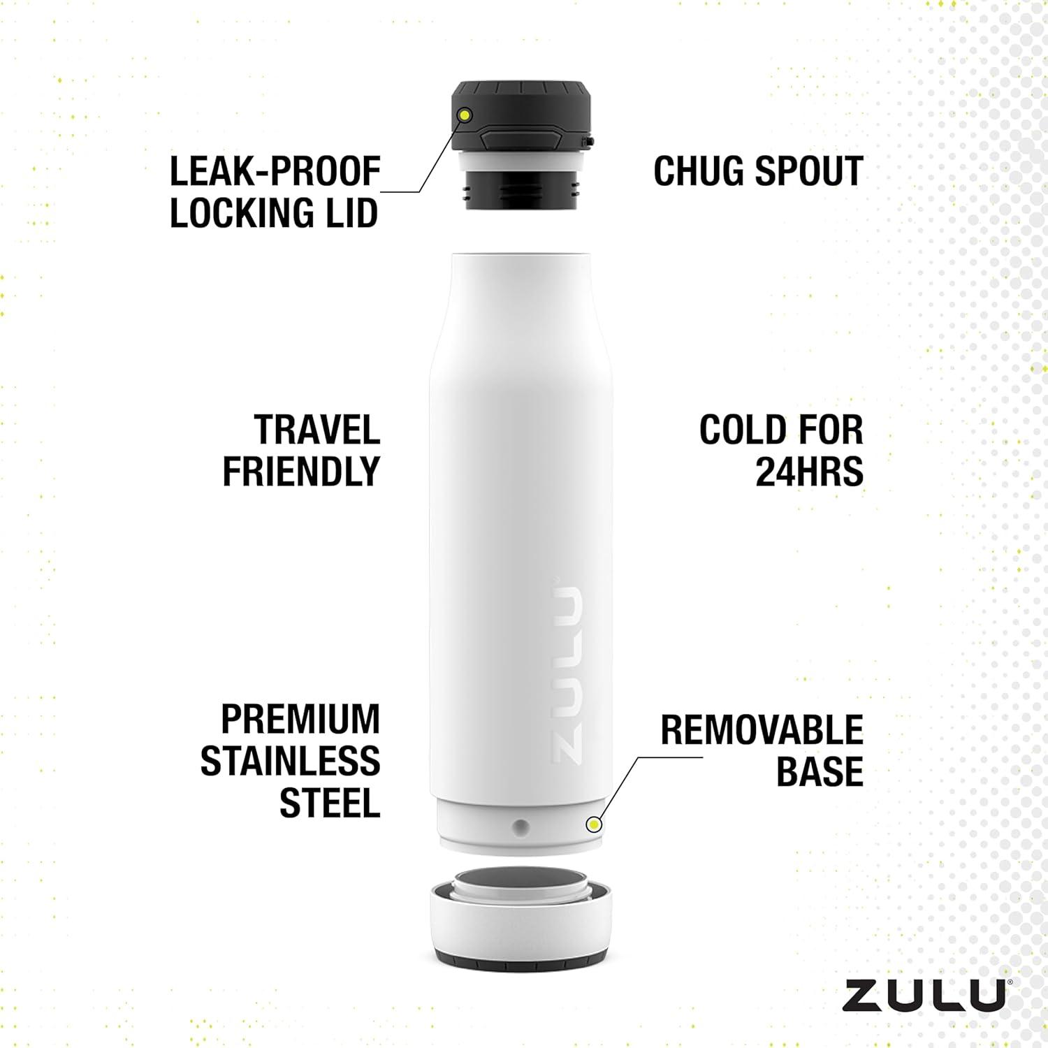 ZULU Ace Vacuum Insulated Stainless Steel Water Bottle with Removable Base - Leak Proof Lid - Antimicrobial Spout, 24 oz, White