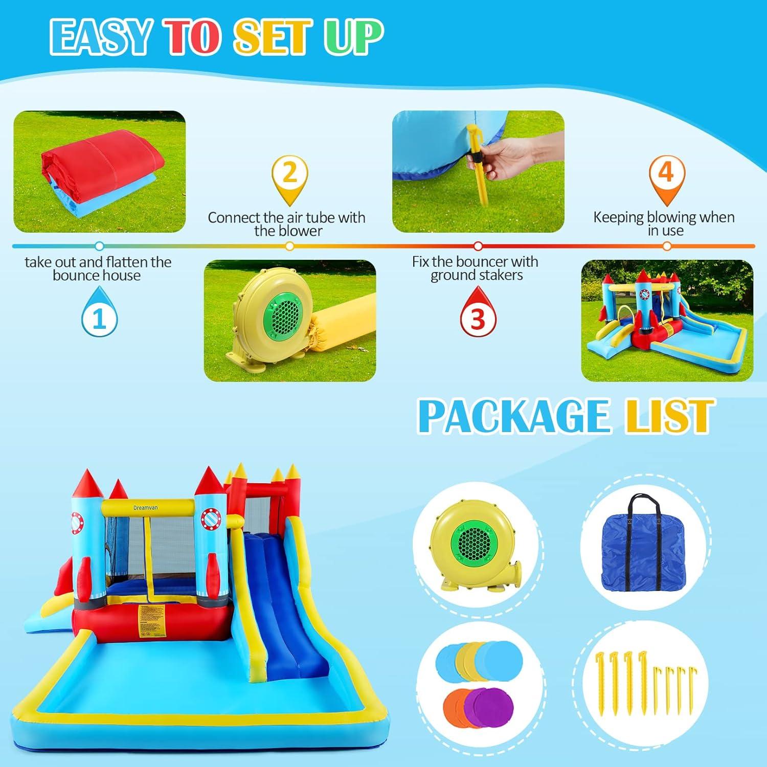 Ktaxon Inflatable Bounce House with Blower for Kids 3+, Indoor & Outdoor Bouncy Castle with Slide, Perfect for Birthday Parties, Backyard, Lawn