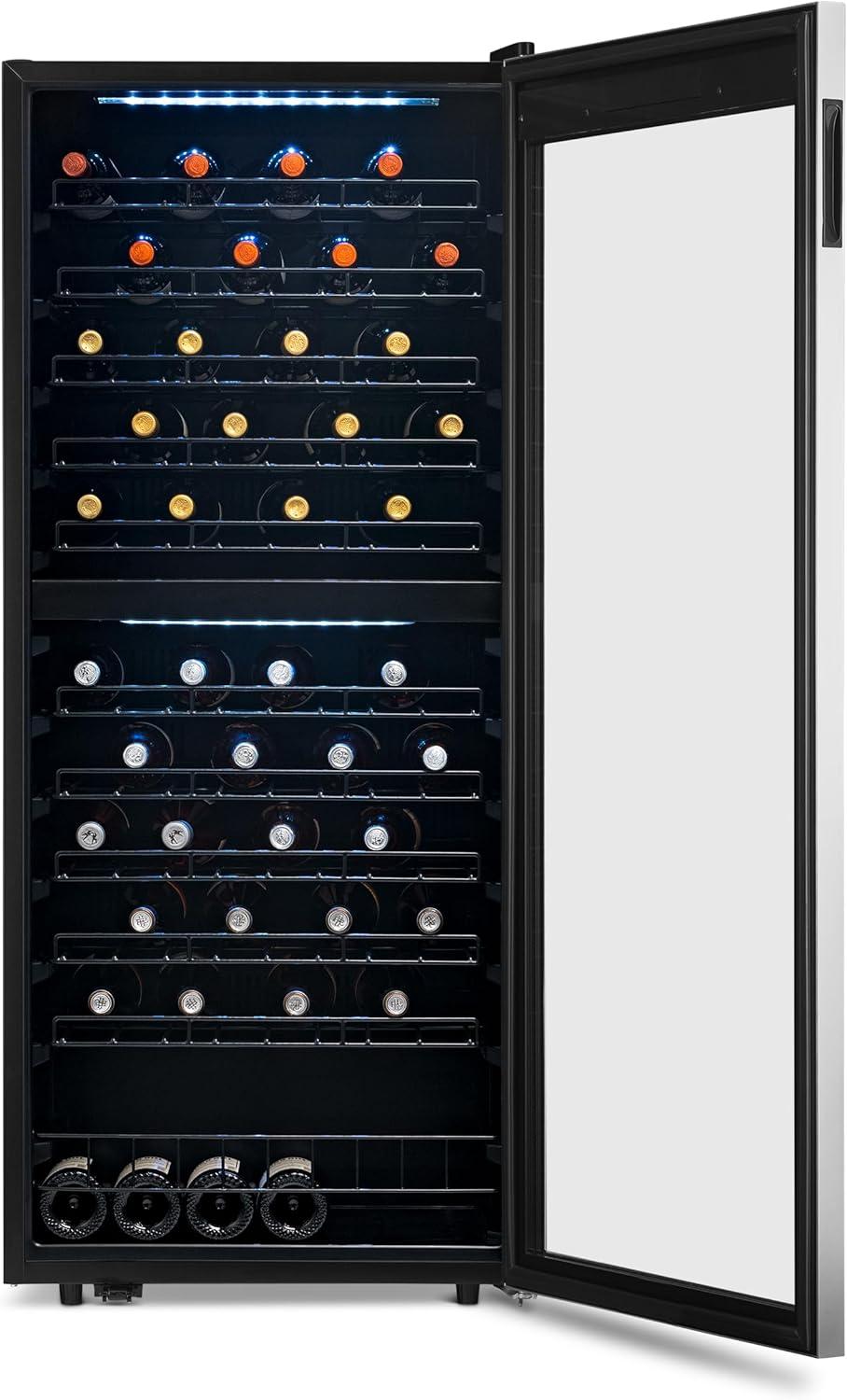 98-Bottle Black and Silver Dual Zone Wine Cooler with Glass Door