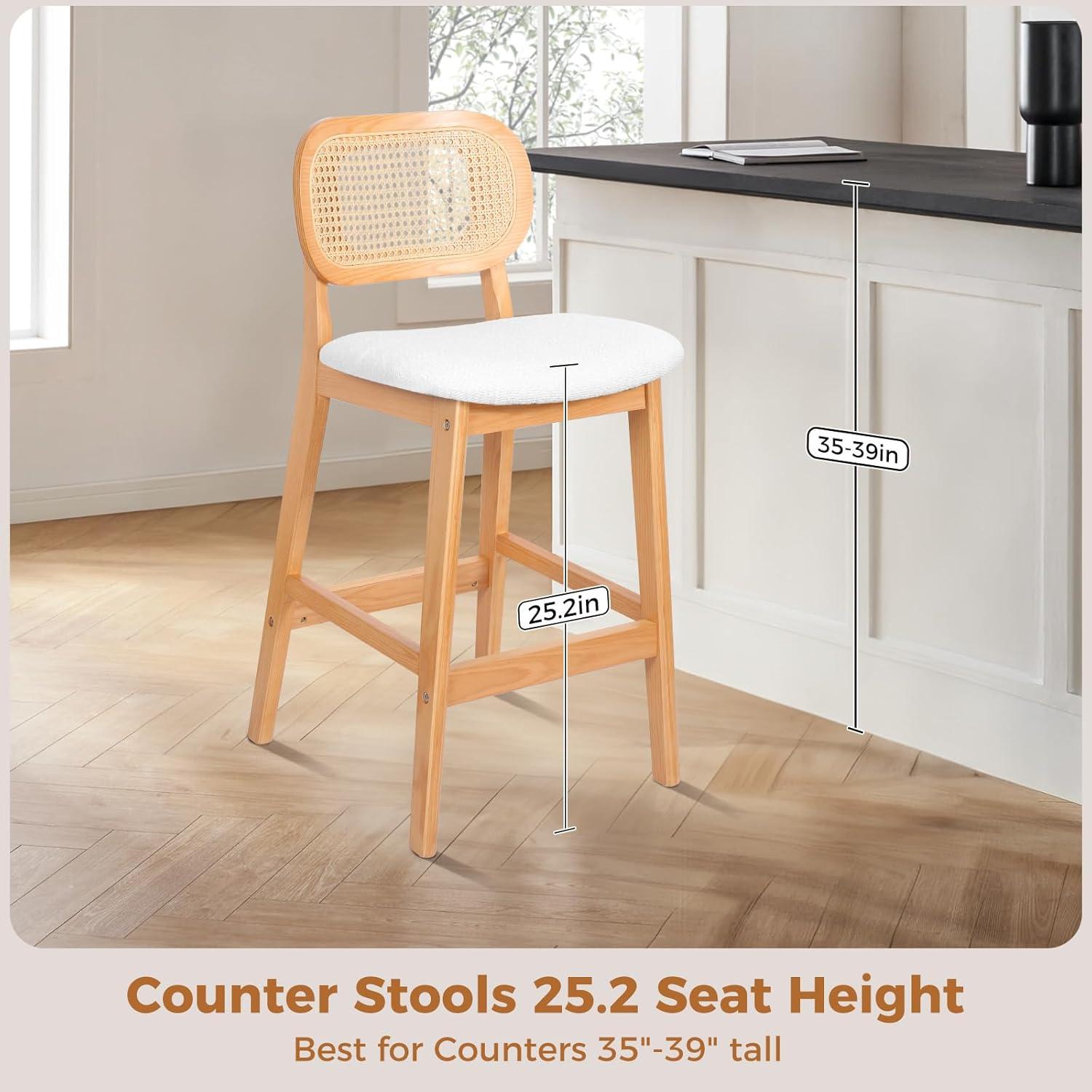 Lucky Monet 25.2" Upholstered Wood Counter Height Bar Stools w/ Rattan Back - 36.81"H x 17.72"W x 18.7"D Set of 3 - White Boucle Fabric/ Natural Frame