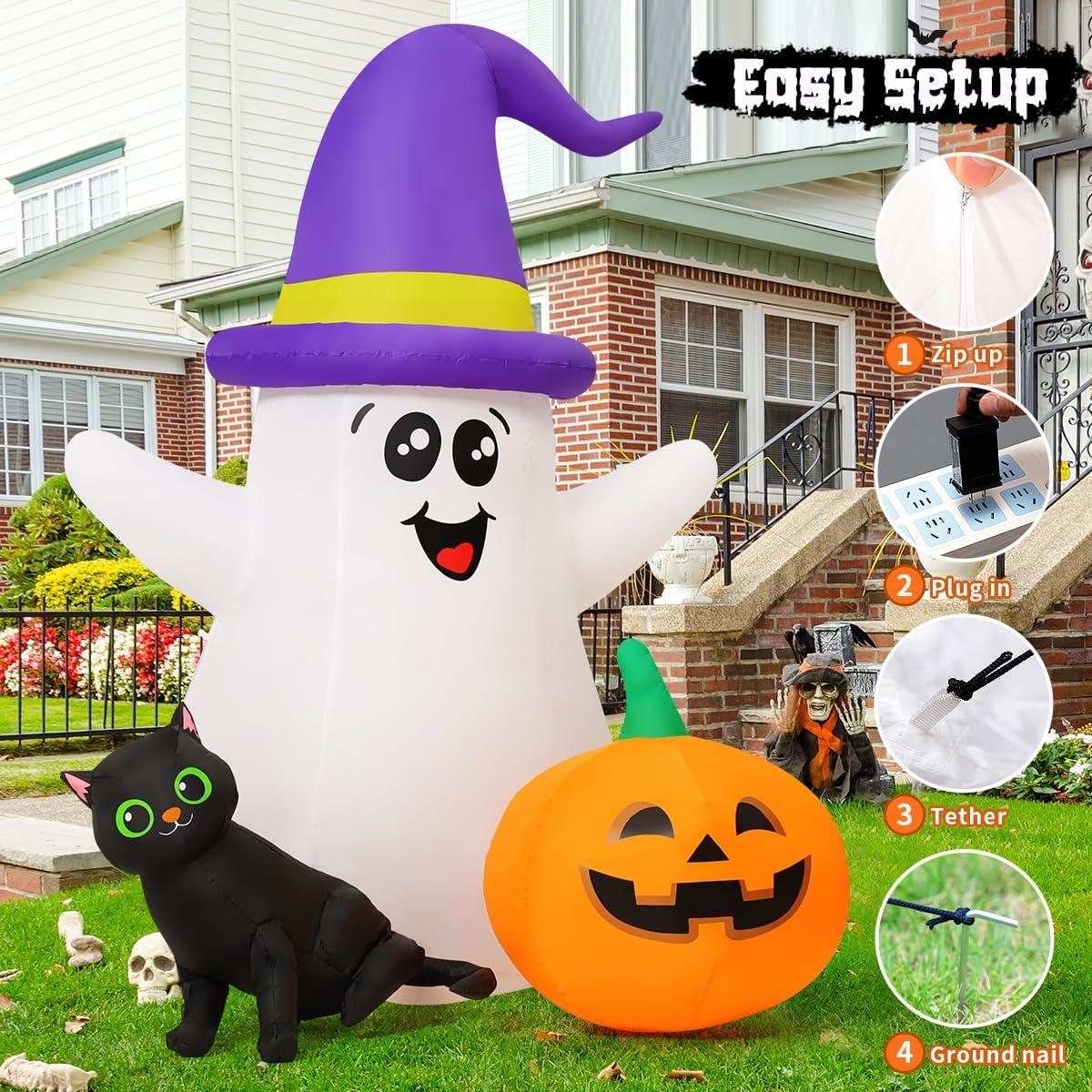5 FT Halloween Inflatables Ghost Outdoor Decorations Blow Up Yard Cute Wizard Ghost With Pumpkin Black Cat With Built-In Leds For Garden Lawn Indoor Party Decor