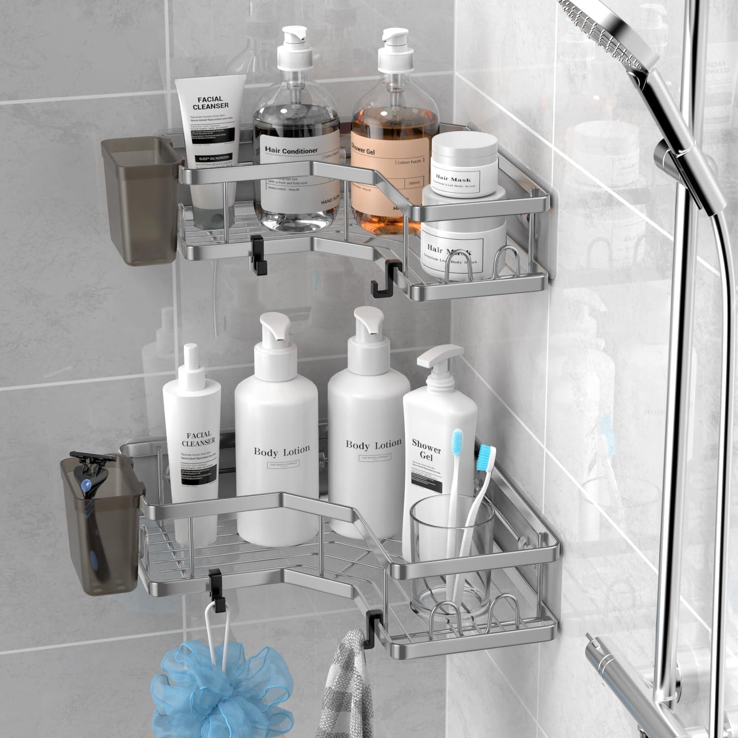 Corner Shower Caddy 2 Pack Organizer Shelves No Drilling Stainless Steel with Hooks&Toothpaste Holder