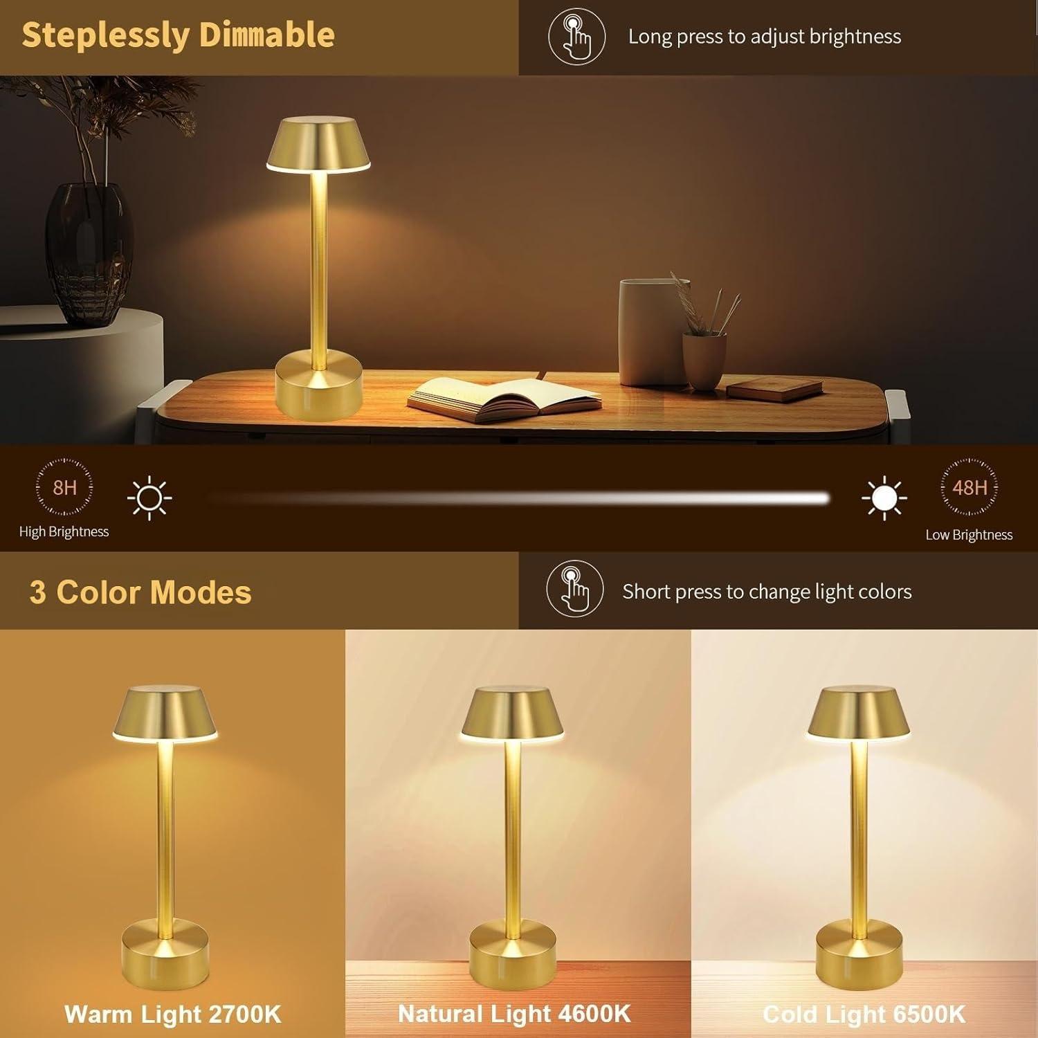 Egobasic Cordless Table Lamps, Modern Rechargeable Battery LED Desk Touch Night Light, 11.8" Metal Minimalist Small Portable Lamps for Dinner Coffee Table Restaurant Bedroom Bar Hotel, Gold