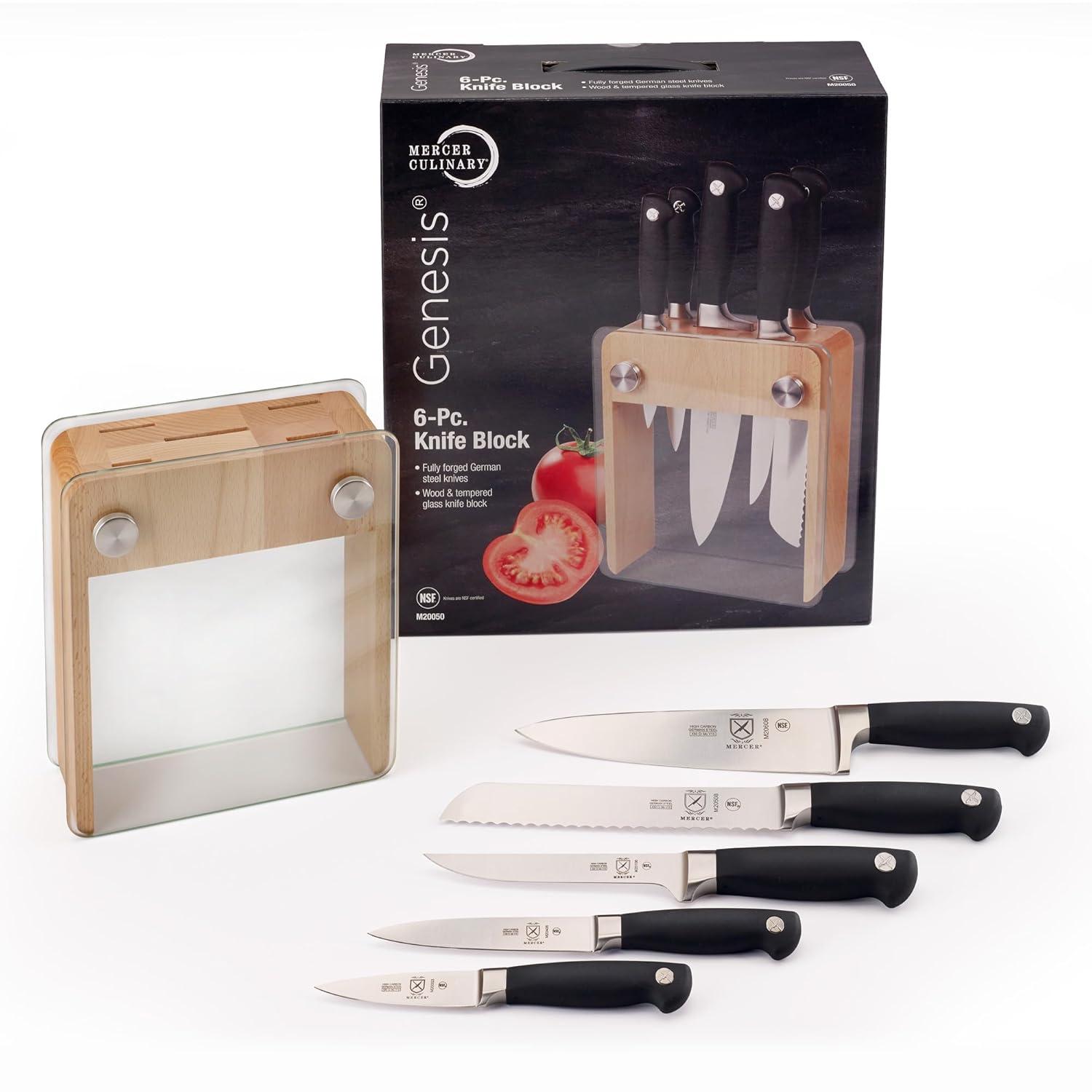 Mercer Culinary Genesis 6-Piece Knife Set with Wood and Glass Block