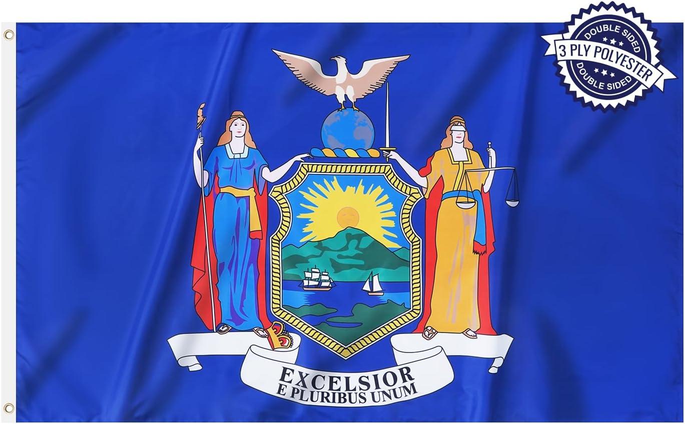 New York State Flag Double Sided 3x5 ft, Heavy Duty 3 Ply Durable Polyester, NY Flag with Vibrant Print/4 Rows Hemming/Brass Grommets