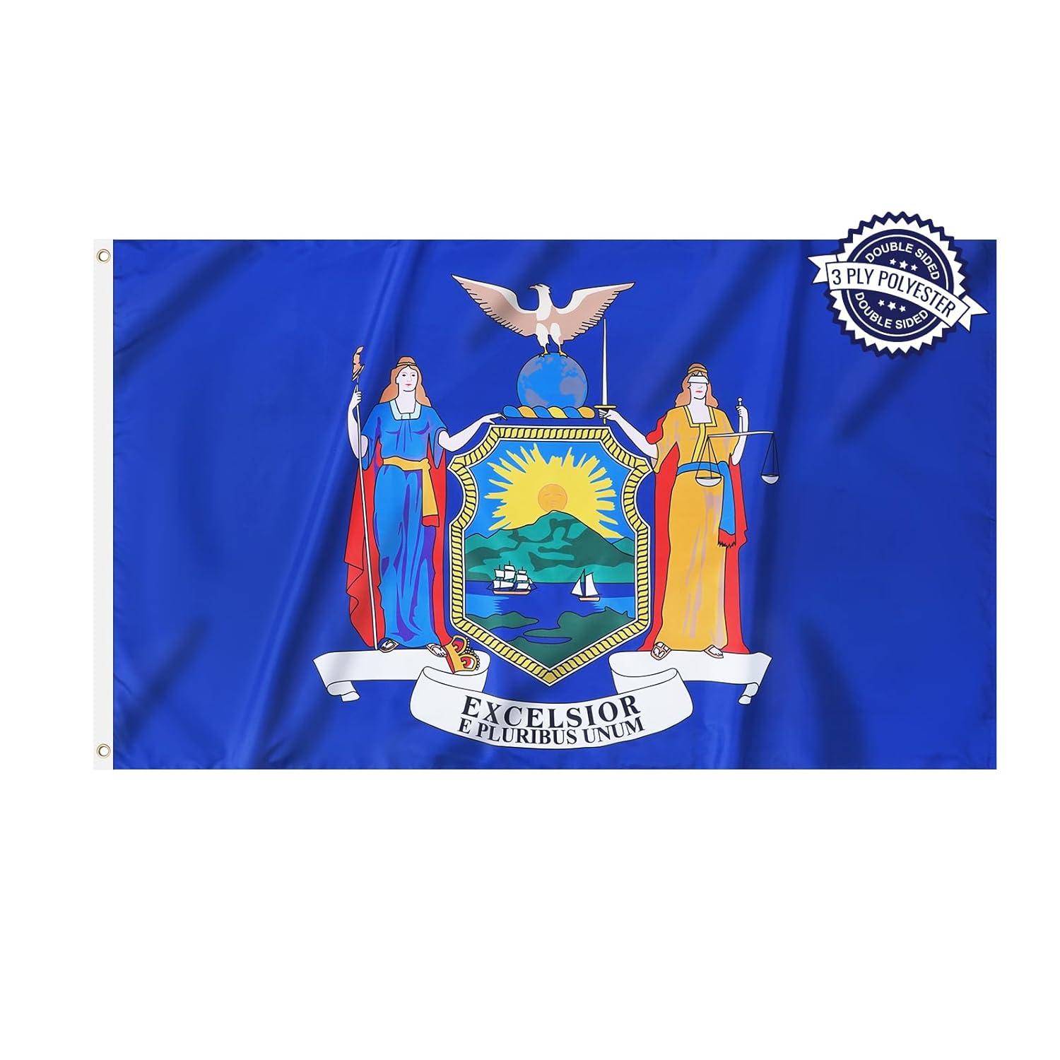 New York State Flag Double Sided 3x5 ft, Heavy Duty 3 Ply Durable Polyester, NY Flag with Vibrant Print/4 Rows Hemming/Brass Grommets