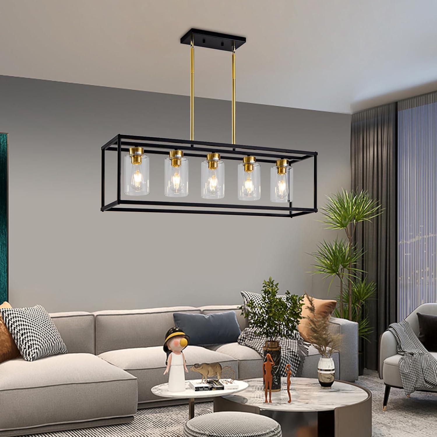 Modern Black and Brass 5-Light Island Chandelier with Glass Shades