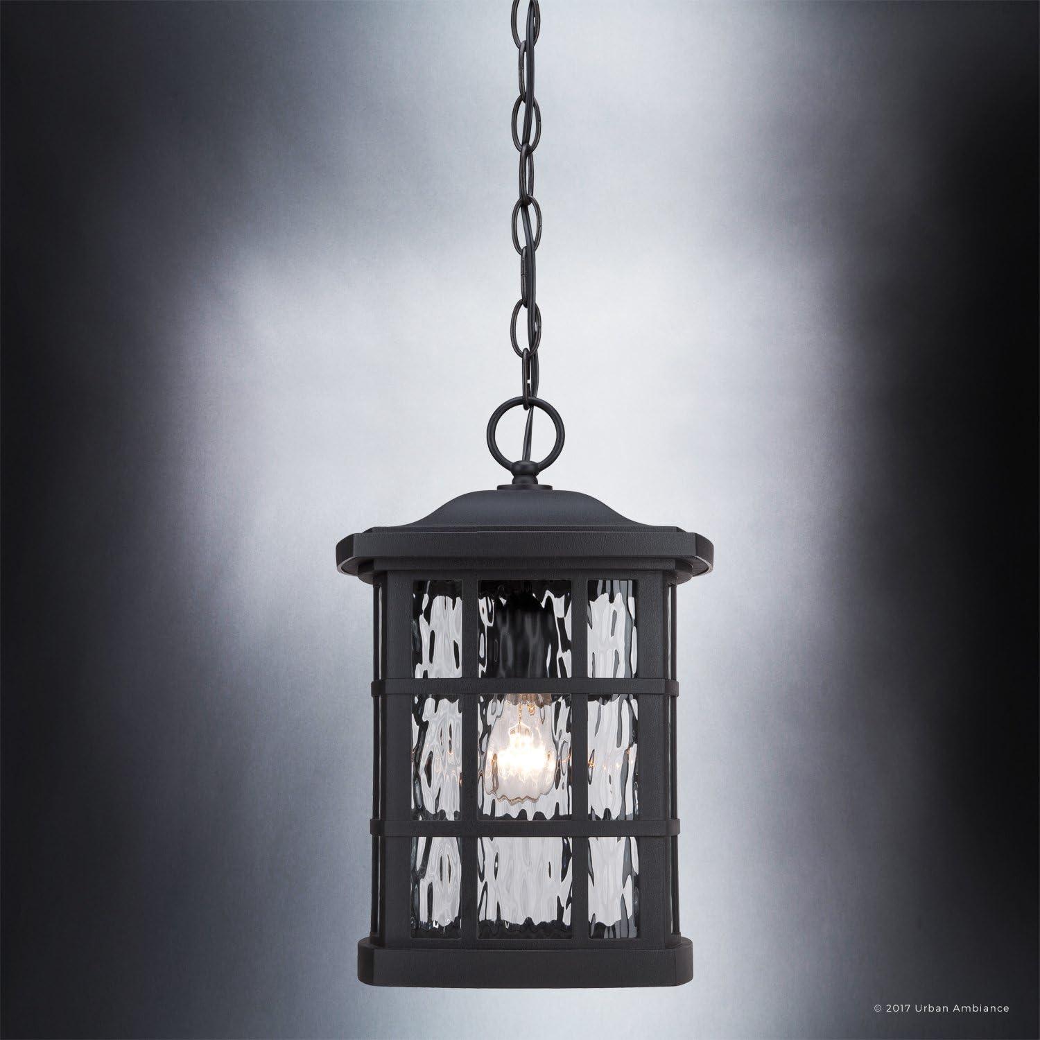 Urban Ambiance Luxury Craftsman Outdoor Pendant Light, Medium Size: 15"H x 9.5"W, with Tudor Style Elements, Highly-Detailed Design, High-End Black Silk Finish and Water Glass, UQL1250