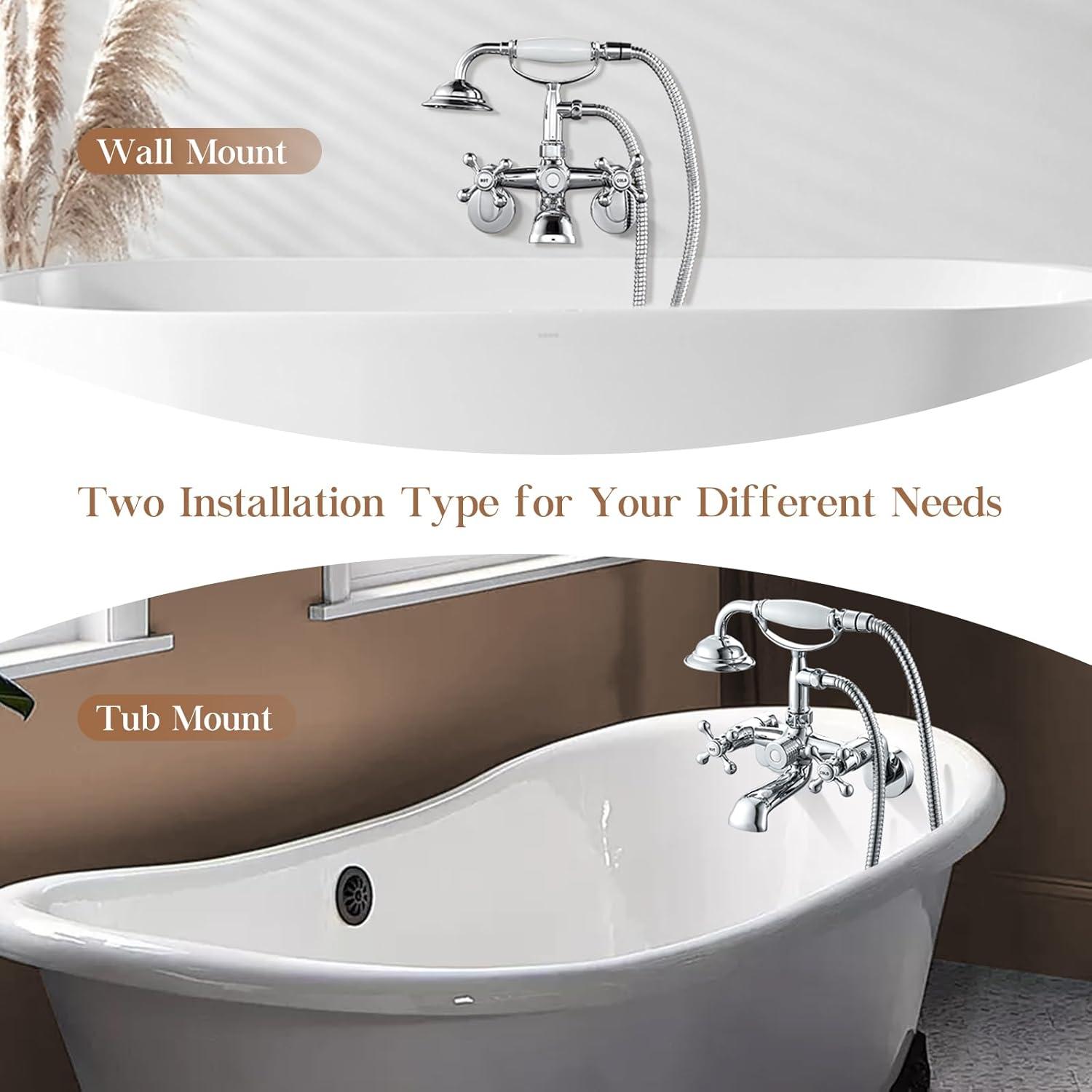 Wasserrhythm Clawfoot Tub Faucet and Shower Kit Chrome Wall Mount Tub Faucet G1/2 Vintage Tub Faucet Victorian Clawfoot Tub Faucet with Hand Shower Set Brass Double Cross Handle