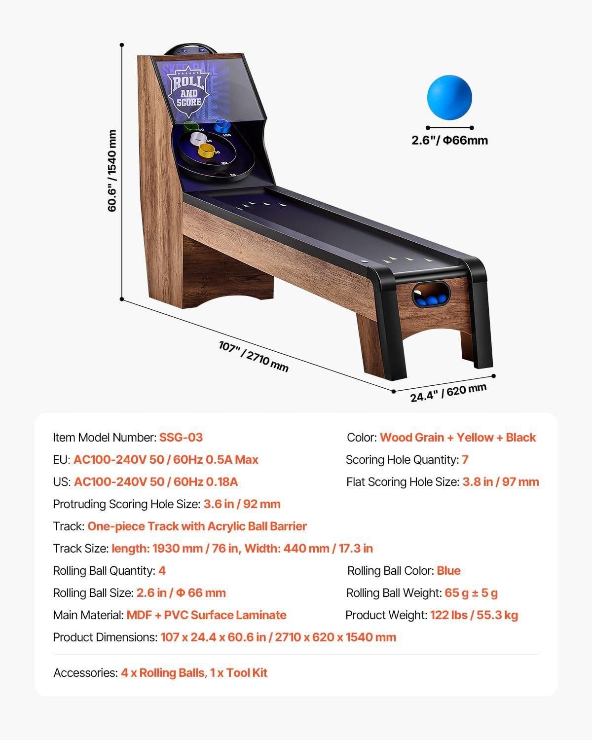 8 ft. Roll and Score Classic Arcade Game Table, Skee Ball Arcade Machine Indoor with Electronic Scorer, Sound, Automatic