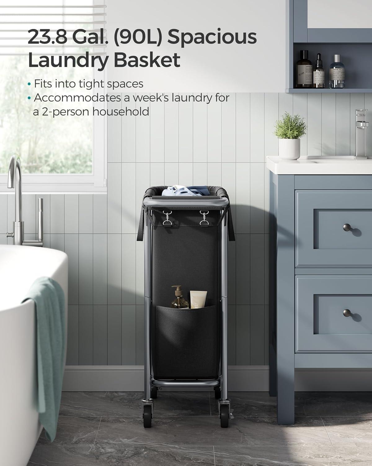 Laundry Basket with Wheels, Rolling Laundry Hamper, 23.8 Gallons (90L), Removable Liner, Steel Frame with Handle, Blanket Storage, 24 x 11.4 x 31.9 Inches, Ink Black URLS003B01