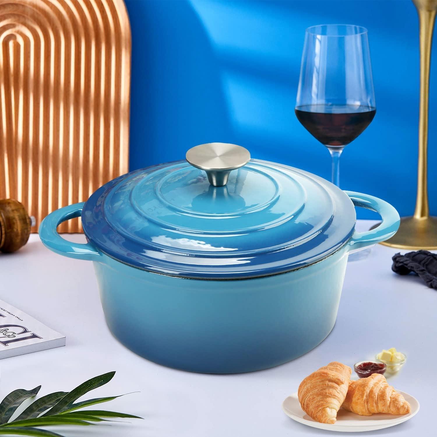Enameled Cast Iron Dutch Oven with Self Basting Lid Non-stick Enamel Coated Dutch Oven Camping Suitable For Variety Stovetops Dutch Ovens Gifts for Family Blue 3QT