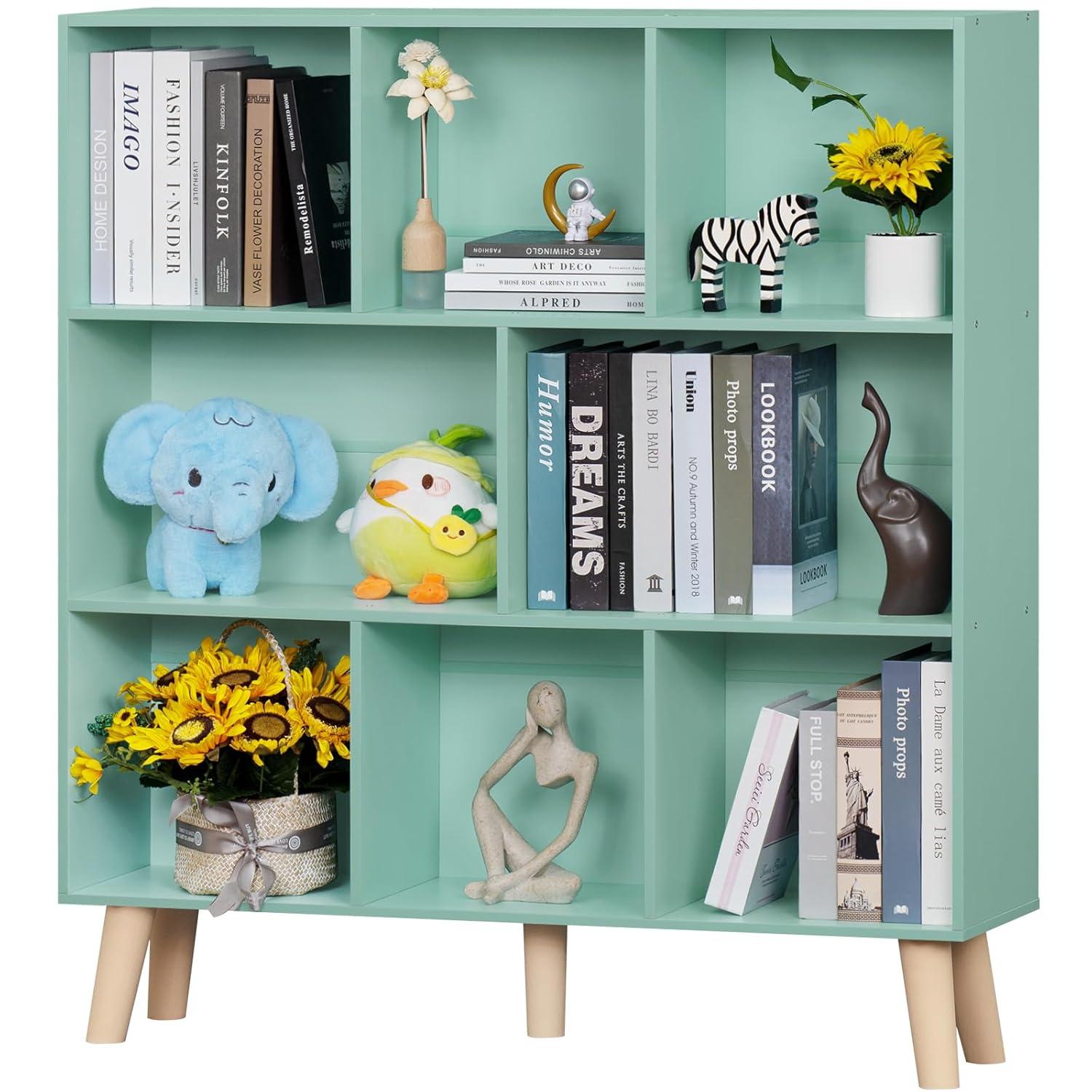 Satiny 7 Cube Bookshelf 3-Tier Bookcase with Legs, Mint-Green Kids Book Shelf Cute Storage Organizer, Toy Shelves Bookshelves,Wood Display Bookcases