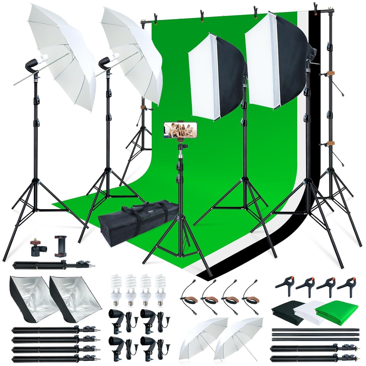 LINCO Photography Lighting Kit, Softbox Light Kit with 6.7ft x 6.7ft Photography Backdrop Stand for Product Photography