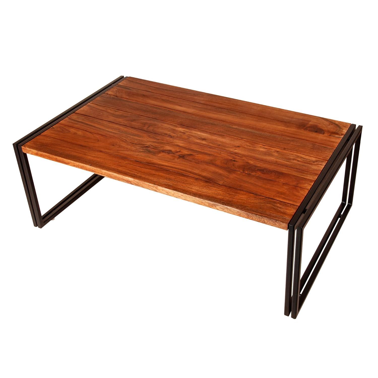 48 Inch Wooden Coffee Table with Double Metal Sled Base Brown and Black - Saltoro Sherpi