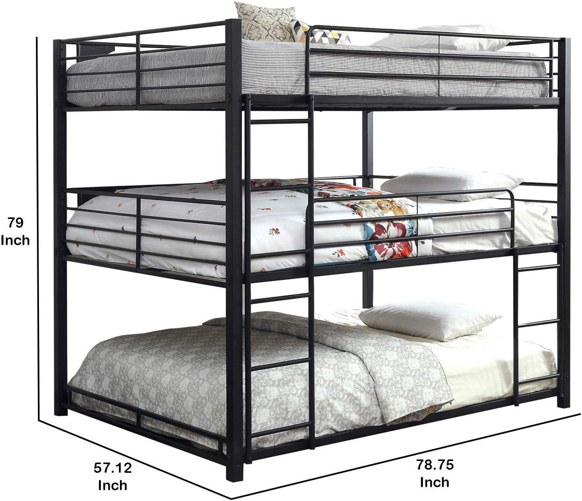 Benjara Industrial Style Queen Triple Decker Bunk Bed with Ladder, Black