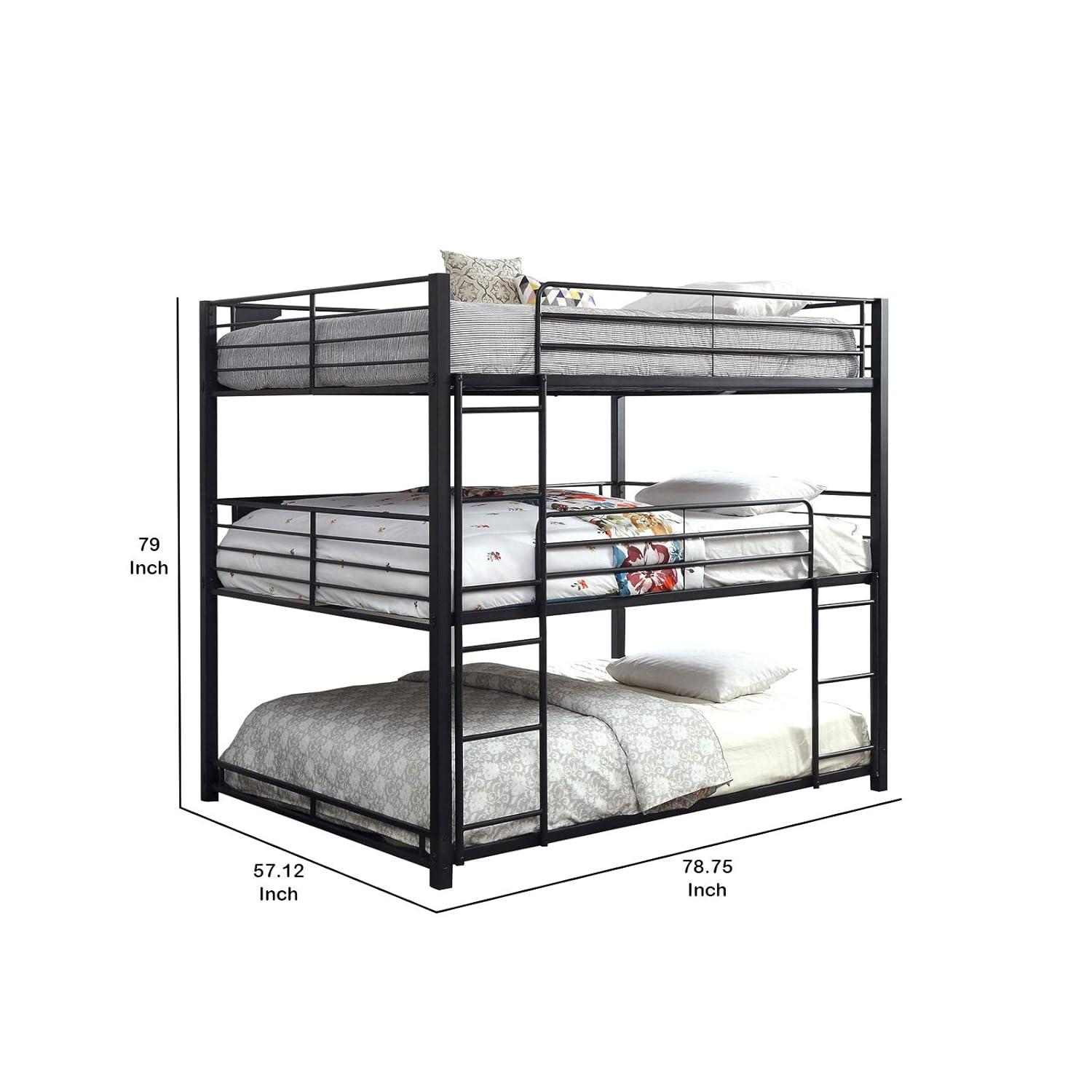 Benjara Industrial Style Queen Triple Decker Bunk Bed with Ladder, Black