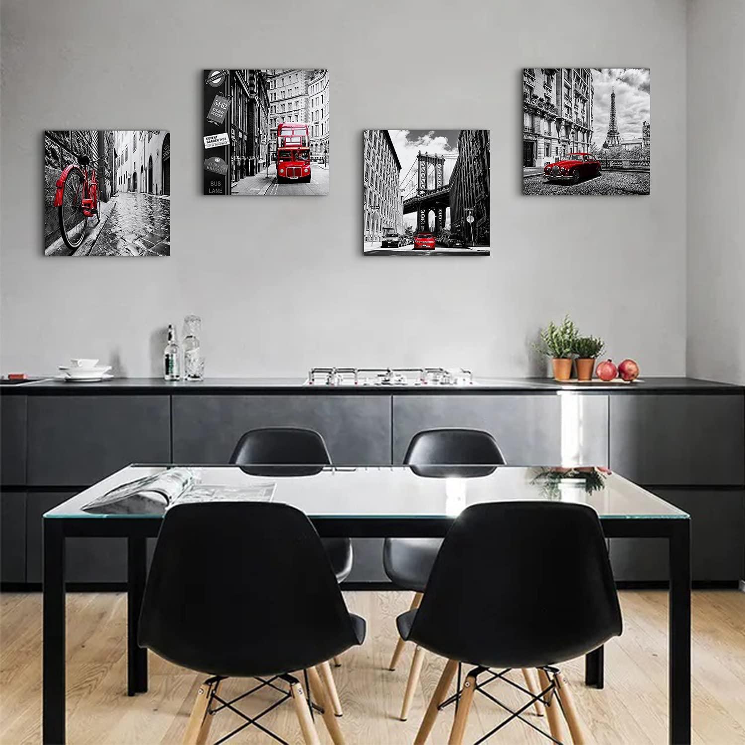 Black and White Wall Art Cityscape Pictures Modern Framed Wall Decor for Bedroom Bathroom Red City New York London Italy Paris Canvas Artworks Living Room Office Kitchen Home Decorations 16×16" 4 Pcs