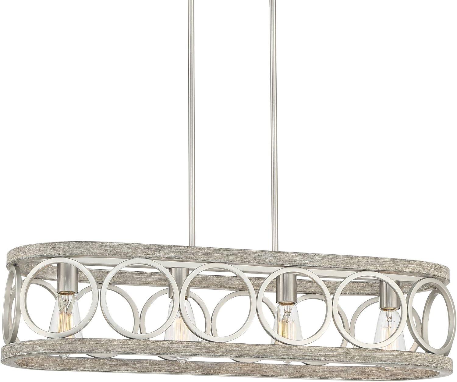 Franklin Iron Works Salima Brushed Nickel Gray Wood Linear Pendant Chandelier 32 1/2" Wide Farmhouse Rustic 4-Light LED for Dining Room Kitchen Island