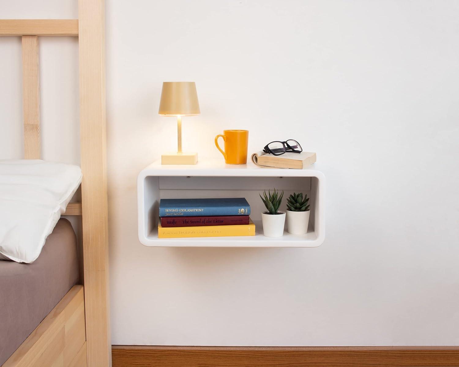 White Spruce Wood Floating Nightstand with Open Shelf