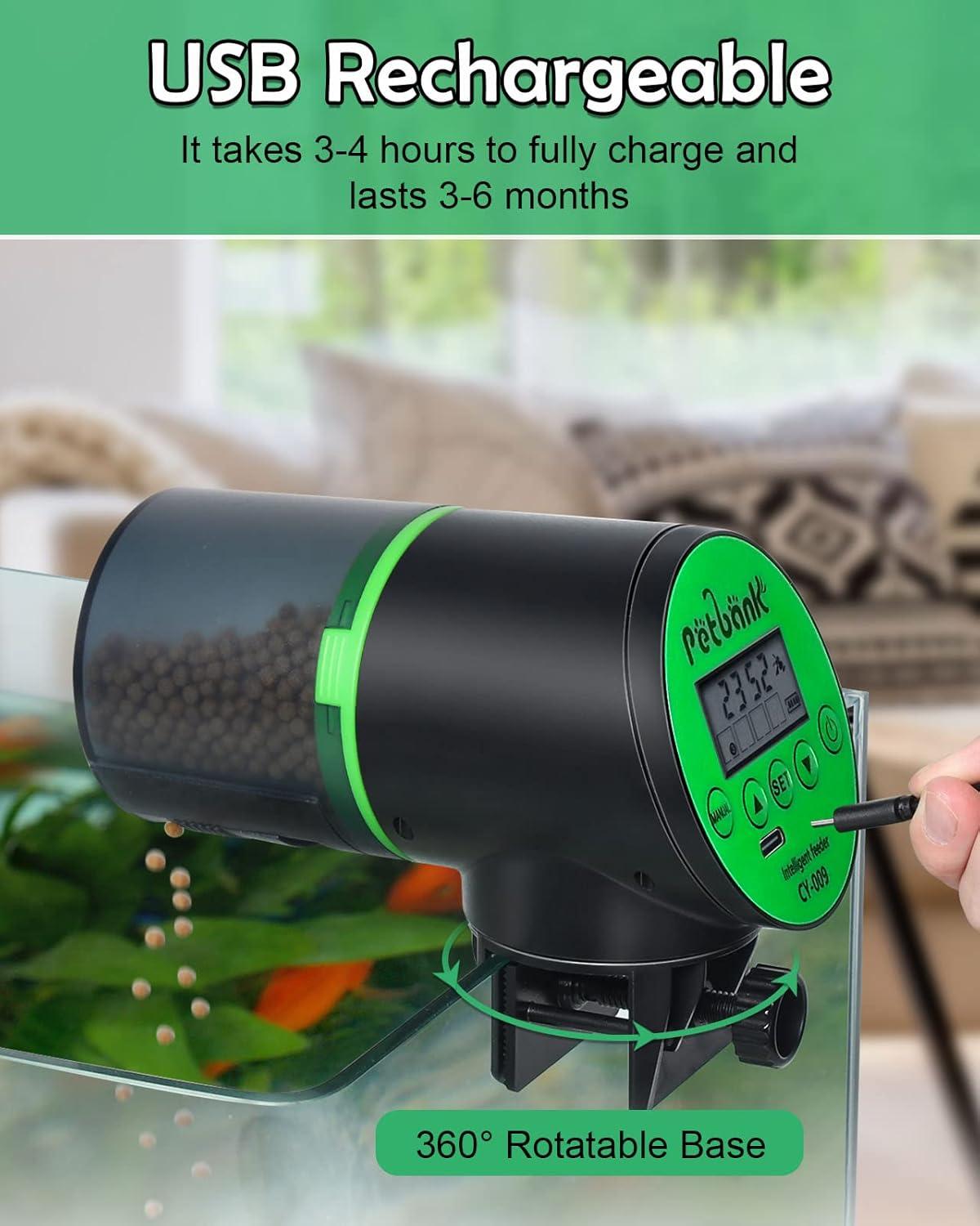 Petbank Automatic Fish Feeder for Aquarium, Auto Fish Food Dispenser with Timer, USB Charging, Green