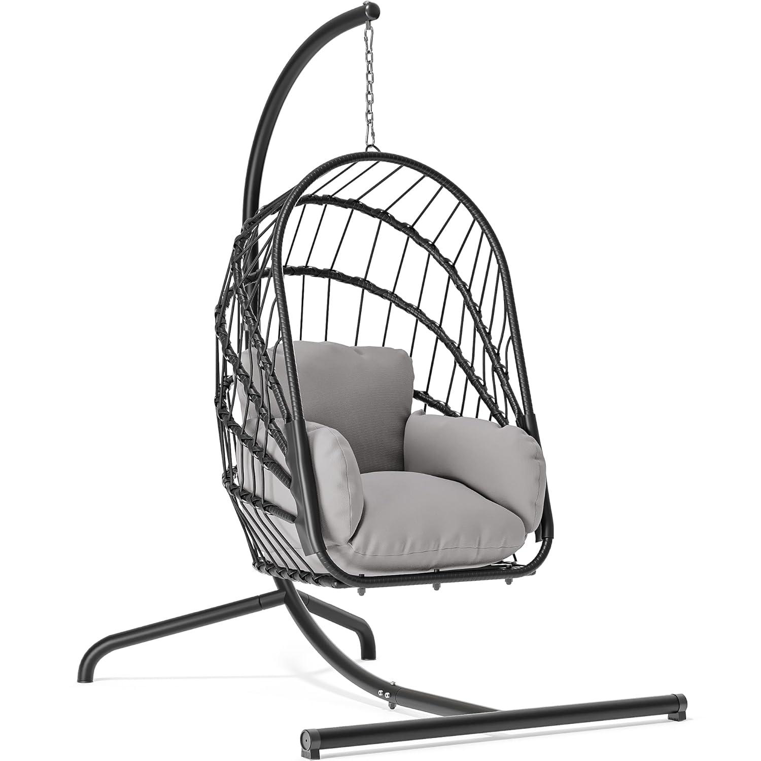 YITAHOME Hanging Egg Chair with Stand, Rattan Wicker Swing Egg Chair with Resistant Cushion, 370lbs Capacity, Foldable Hanging Basket Chair for Porch, Garden, Bedroom, Balcony - Grey