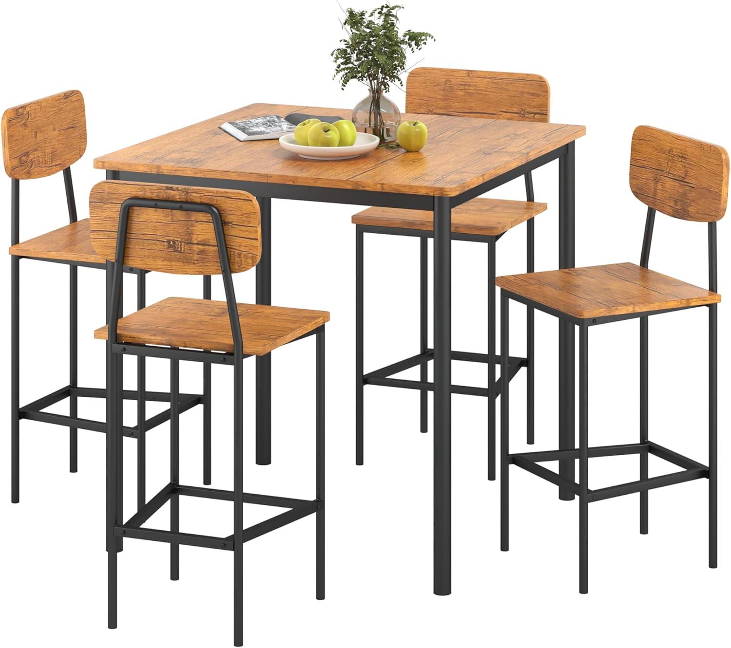 Brown Industrial Square Dining Table Set with 4 Chairs