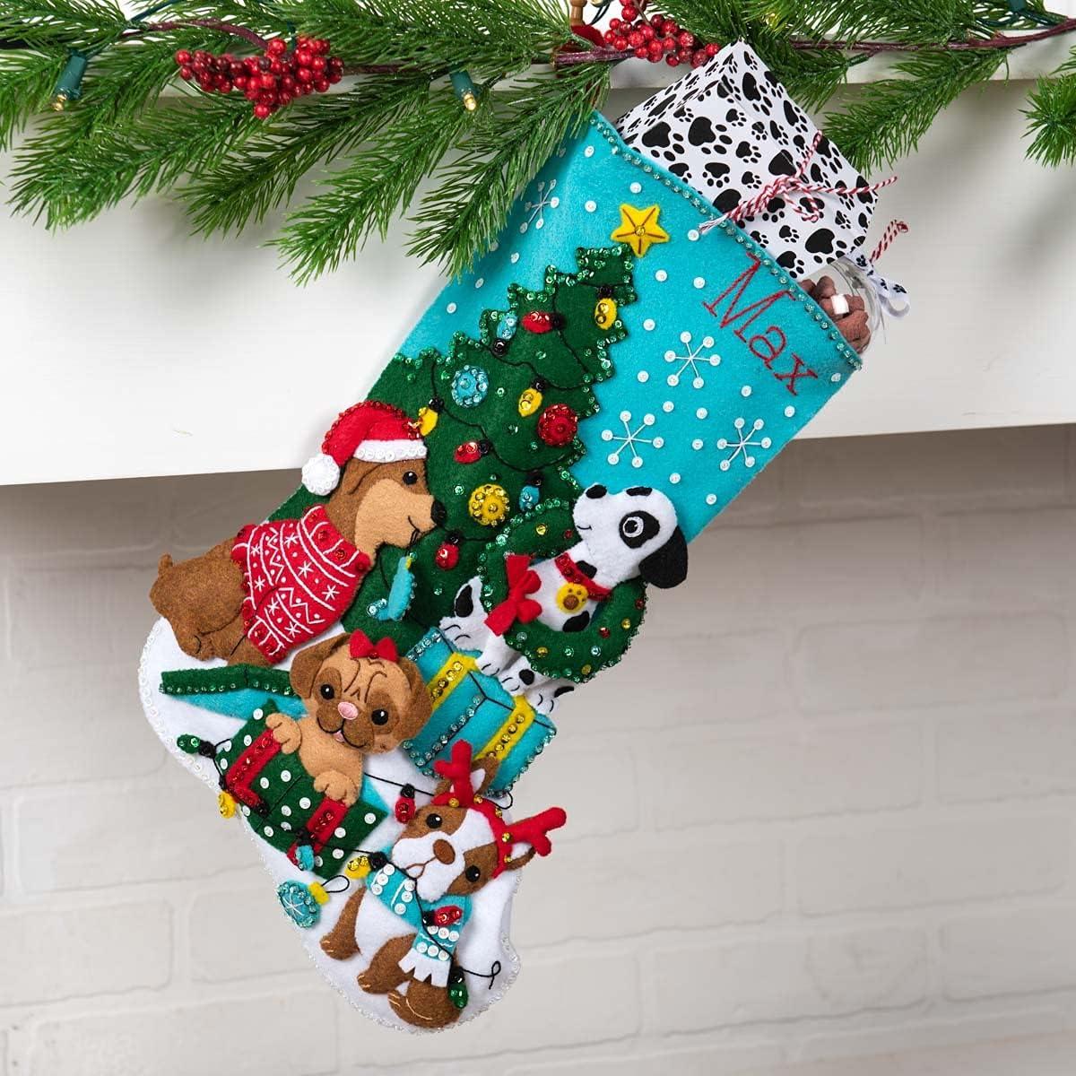 Bucilla Felt Applique DIY Christmas Stocking Kit, Christmas Dogs, 18"