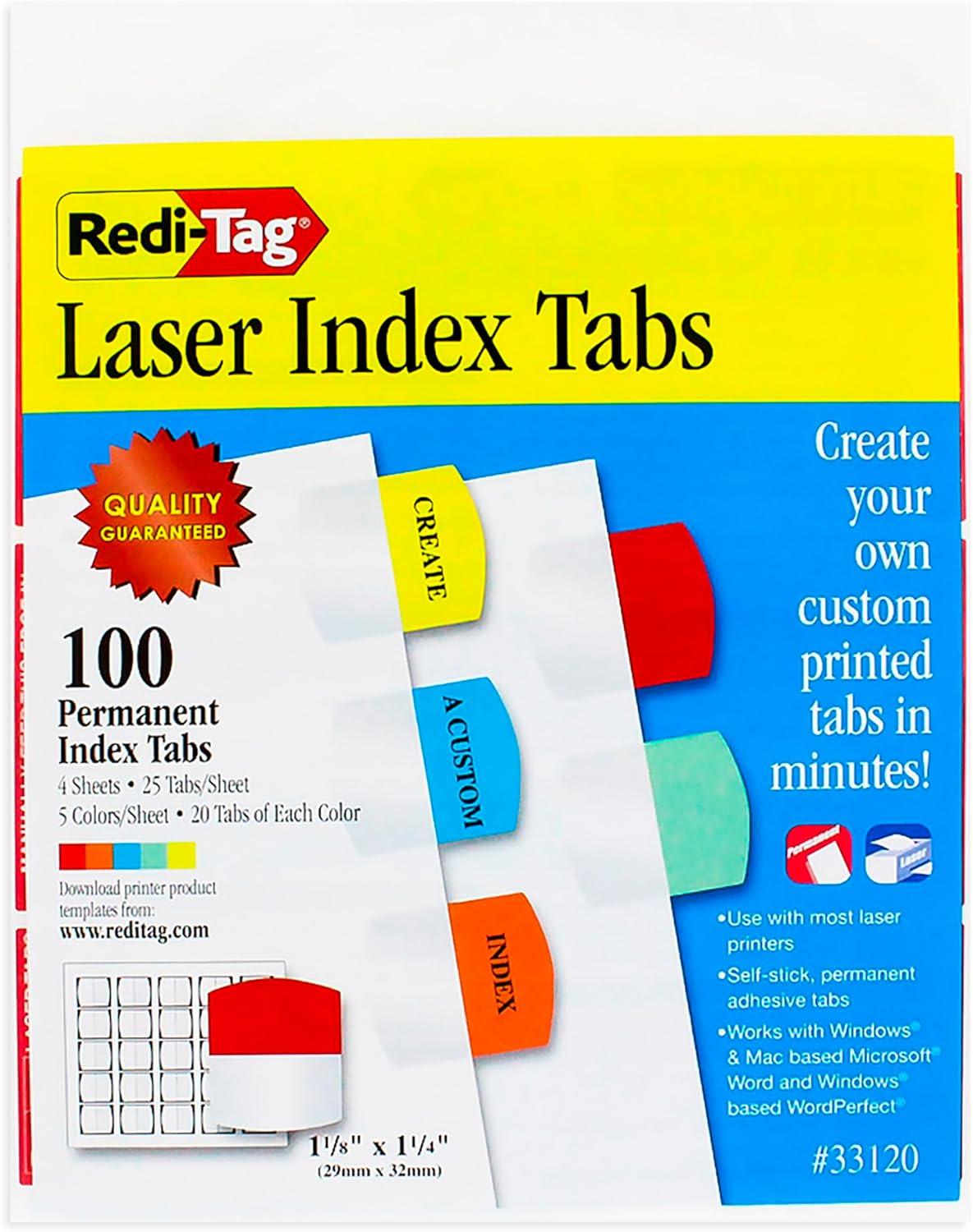 Assorted Color Laser Printable Index Tabs, 100-Pack