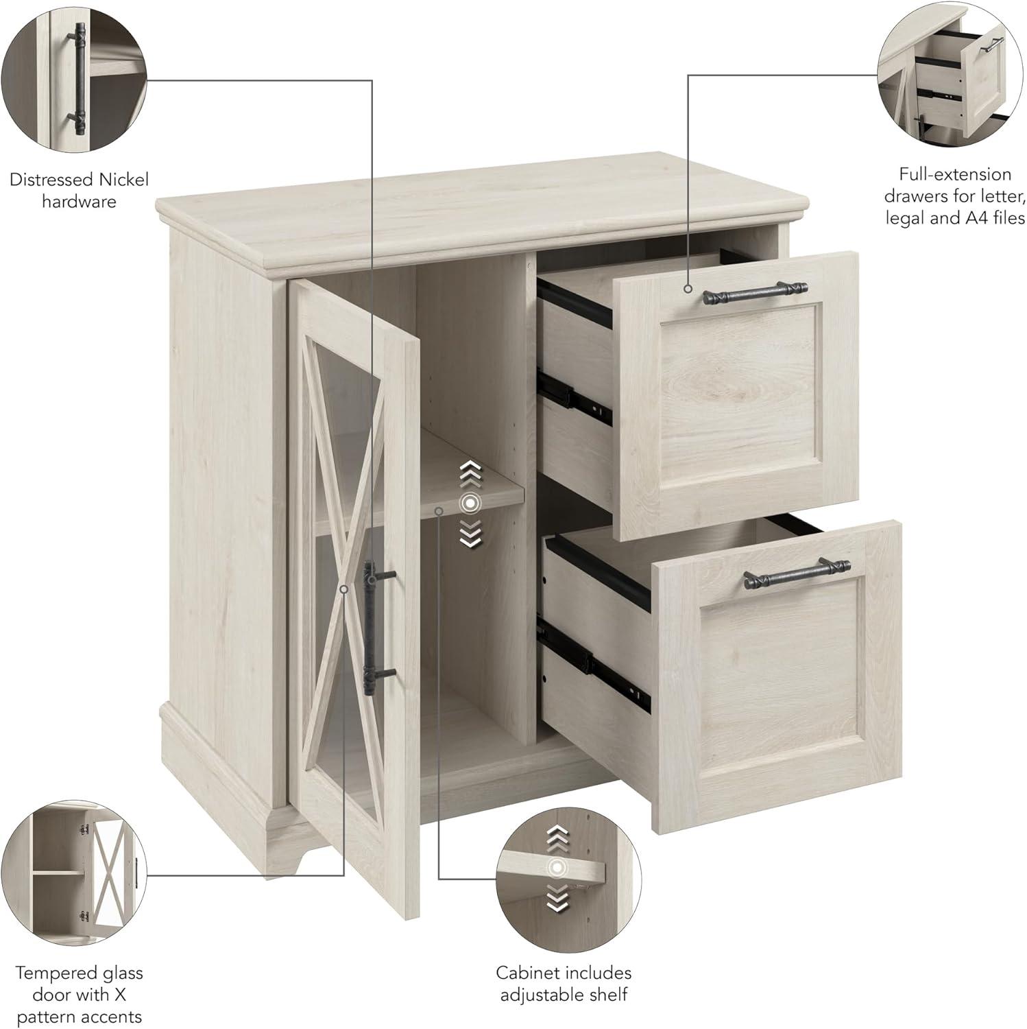 Bush Furniture Lennox Farmhouse 2 Drawer Lateral File Cabinet with Shelves in Linen White Oak