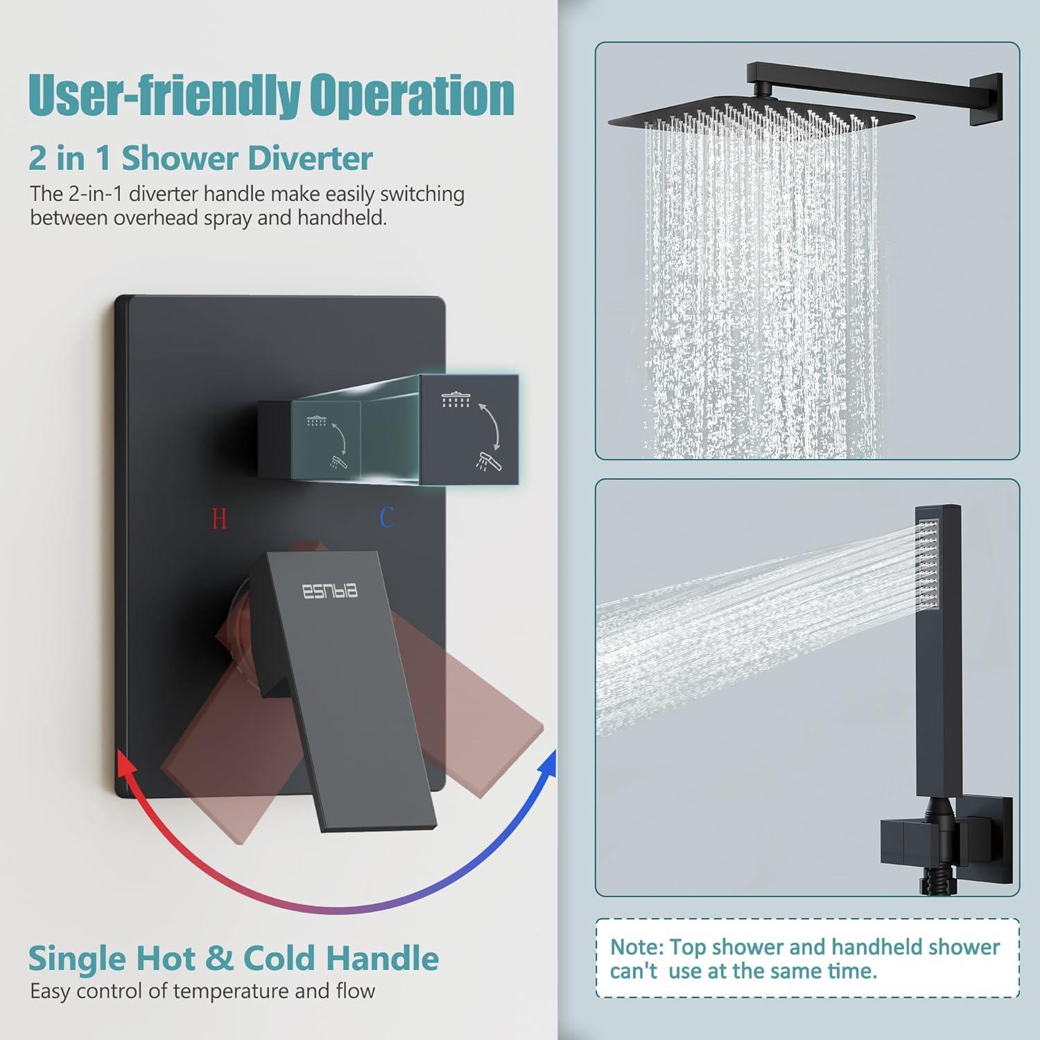 Shower Faucet Set 12" Matte Black Shower Head And Handle Set Rainfall Shower System with Square Rain Shower Head and High Pressure Handheld Spray