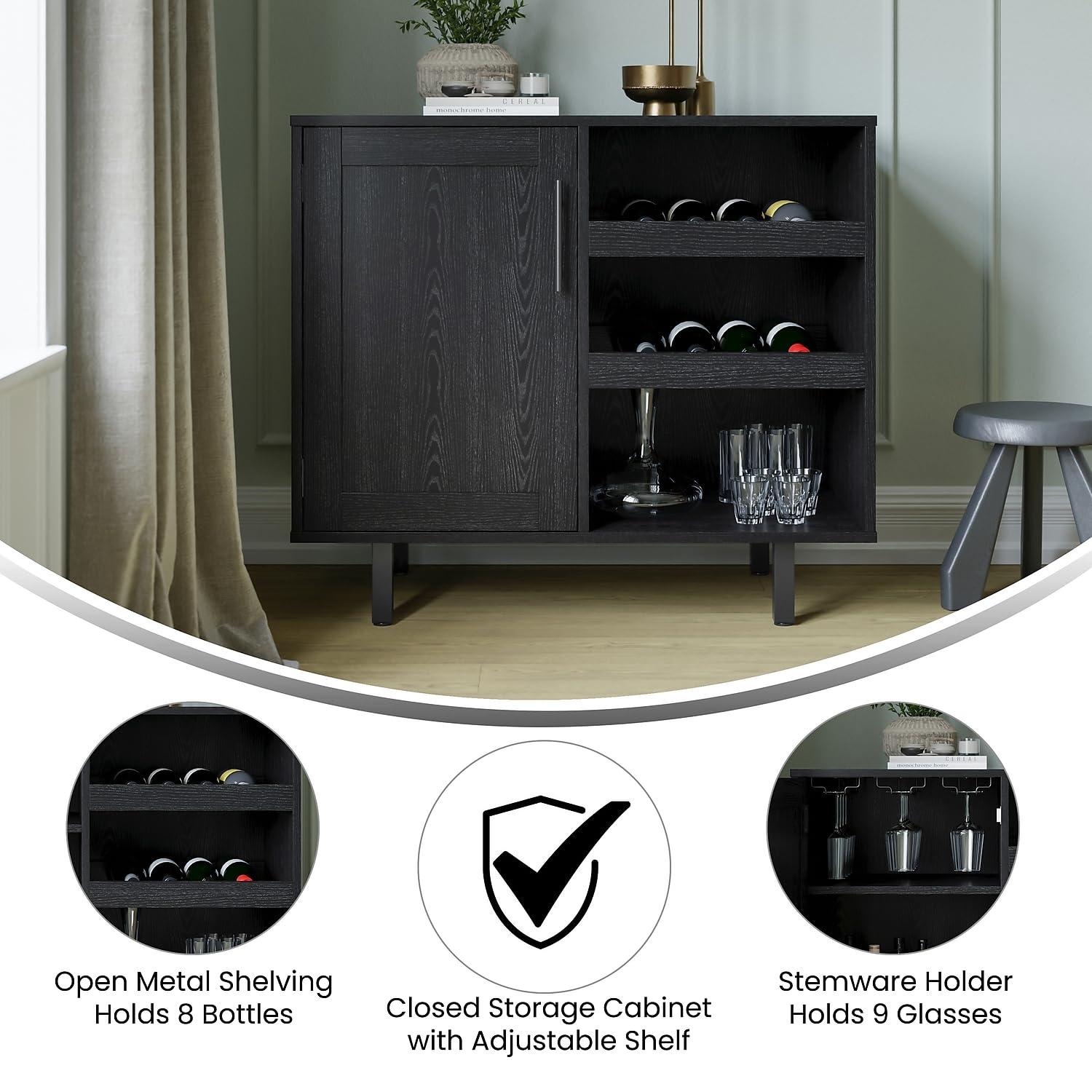 Flash Furniture Elmont Classic Bar and Sideboard with Shaker Style Single Door Cabinet with Hanging Glass Storage and Open Bottle Shelves, Black