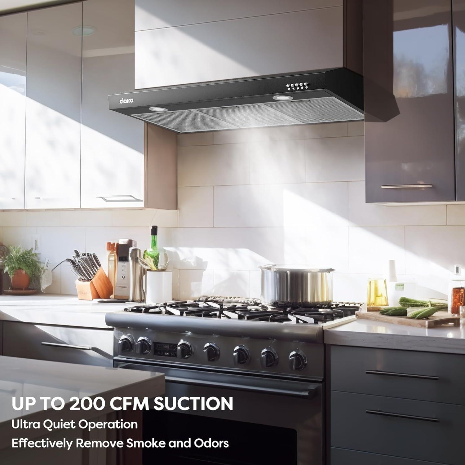 CIARRA Black Range Hood 30 inch Under Cabinet with Ductless Ducted Convertible Slim Kitchen Hood CAB90575