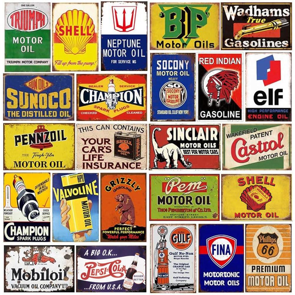 Reproduced Vintage Tin Sign Pack, Gas Oil Retro Advert Antique Metal Signs for Garage Man Cave Bar Kitchen, Nostalgic Car Decor, 8x12 Inch (35 Pieces A)
