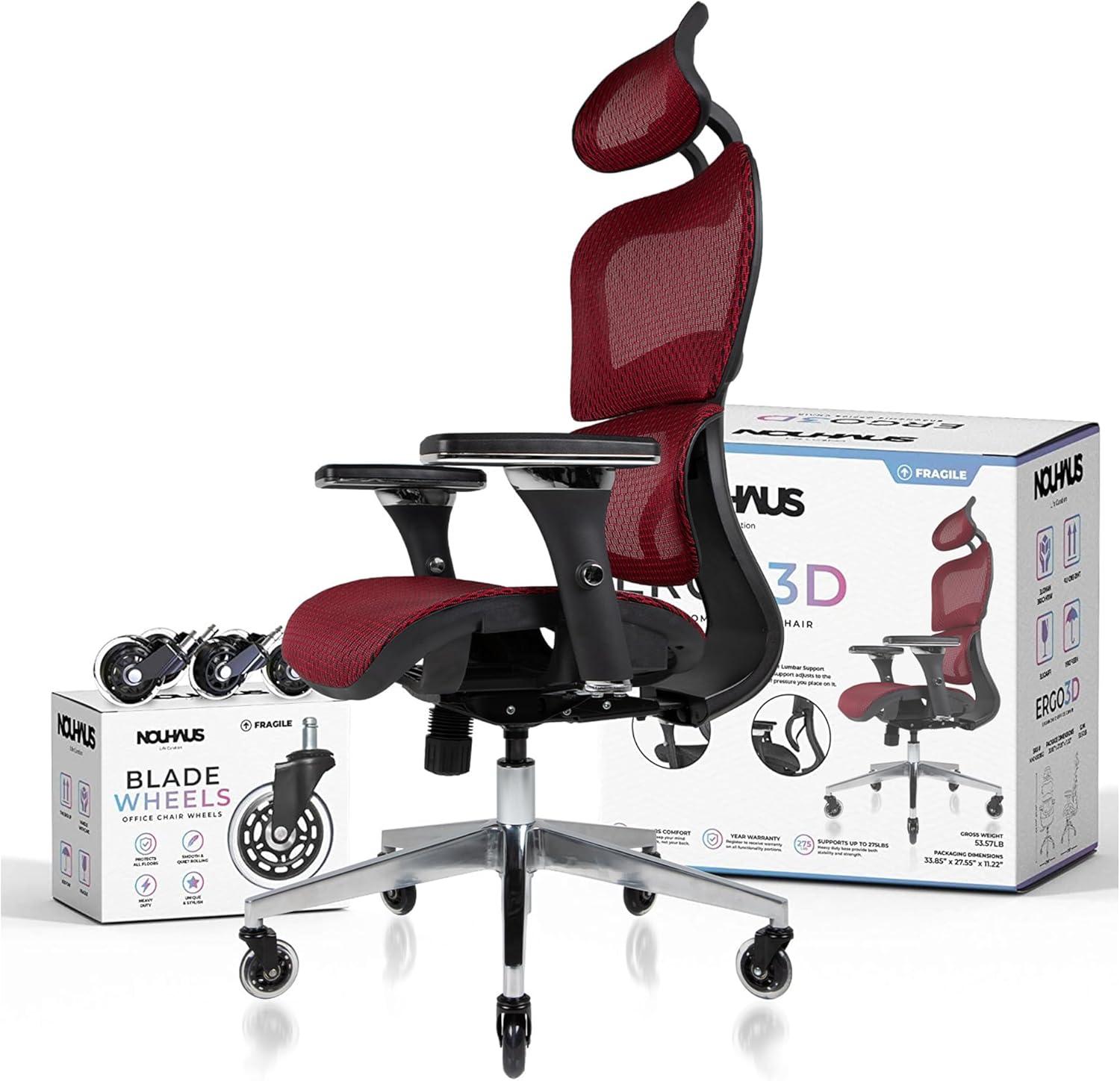 Nouhaus Ergo3D Ergonomic Office Chair Lumbar Support Mesh Office Chair with 4D Adjustable Armrest, Adjustable Headrest and Wheels, Mesh High Back Home Office Desk Chairs(Burgundy)