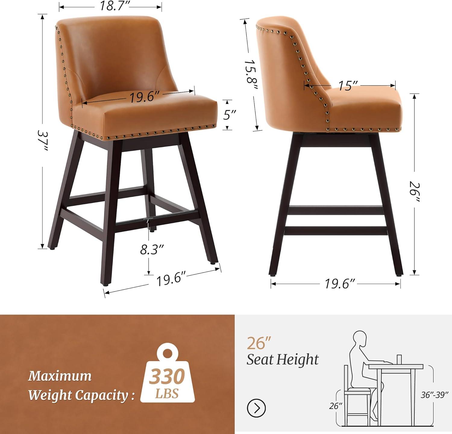 26 Inch Brown Faux Leather Swivel Counter Stools with Wood Legs