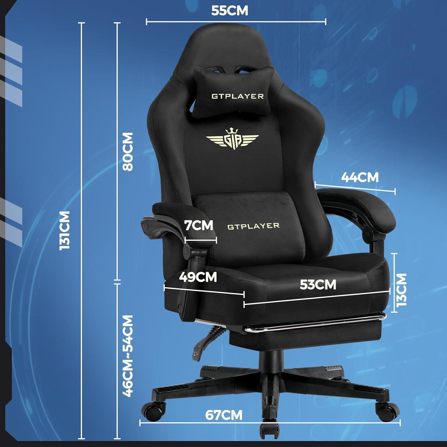 GTPLAYER Gaming Chair Fabric with Pocket Spring Cushion, Big and Tall Gaming Chair 350LBS High Back Computer Chair with Footrest for Adults Lumbar Support Swivel Game Chair for Office Gaming Black