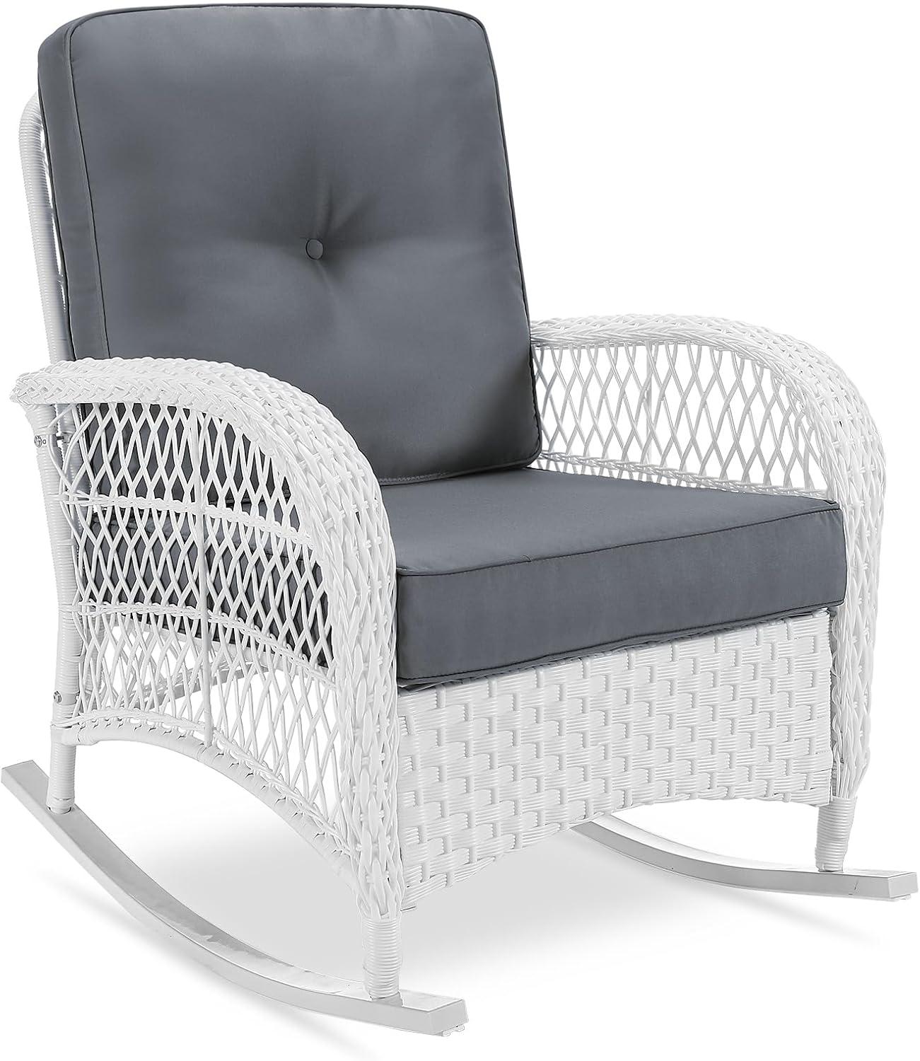Highland Dunes Highland Dunes Outdoor Wicker Rocking Chair, Rattan Patio Rocker Chairs With Cushions And High Back, All-Weather Patio Wicker Chair With Safe Rocking Design For Garden Backyard Porch, White Wicker