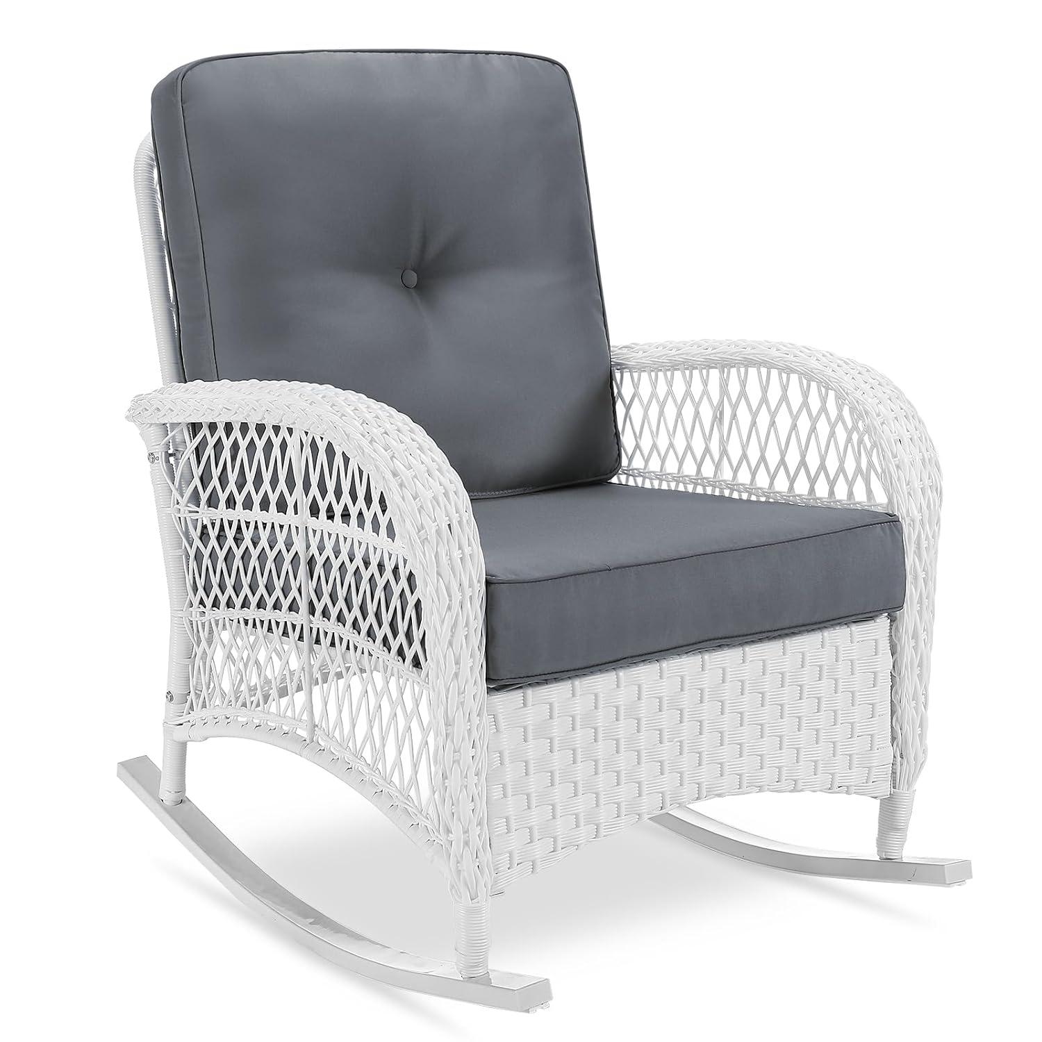 Highland Dunes Highland Dunes Outdoor Wicker Rocking Chair, Rattan Patio Rocker Chairs With Cushions And High Back, All-Weather Patio Wicker Chair With Safe Rocking Design For Garden Backyard Porch, White Wicker