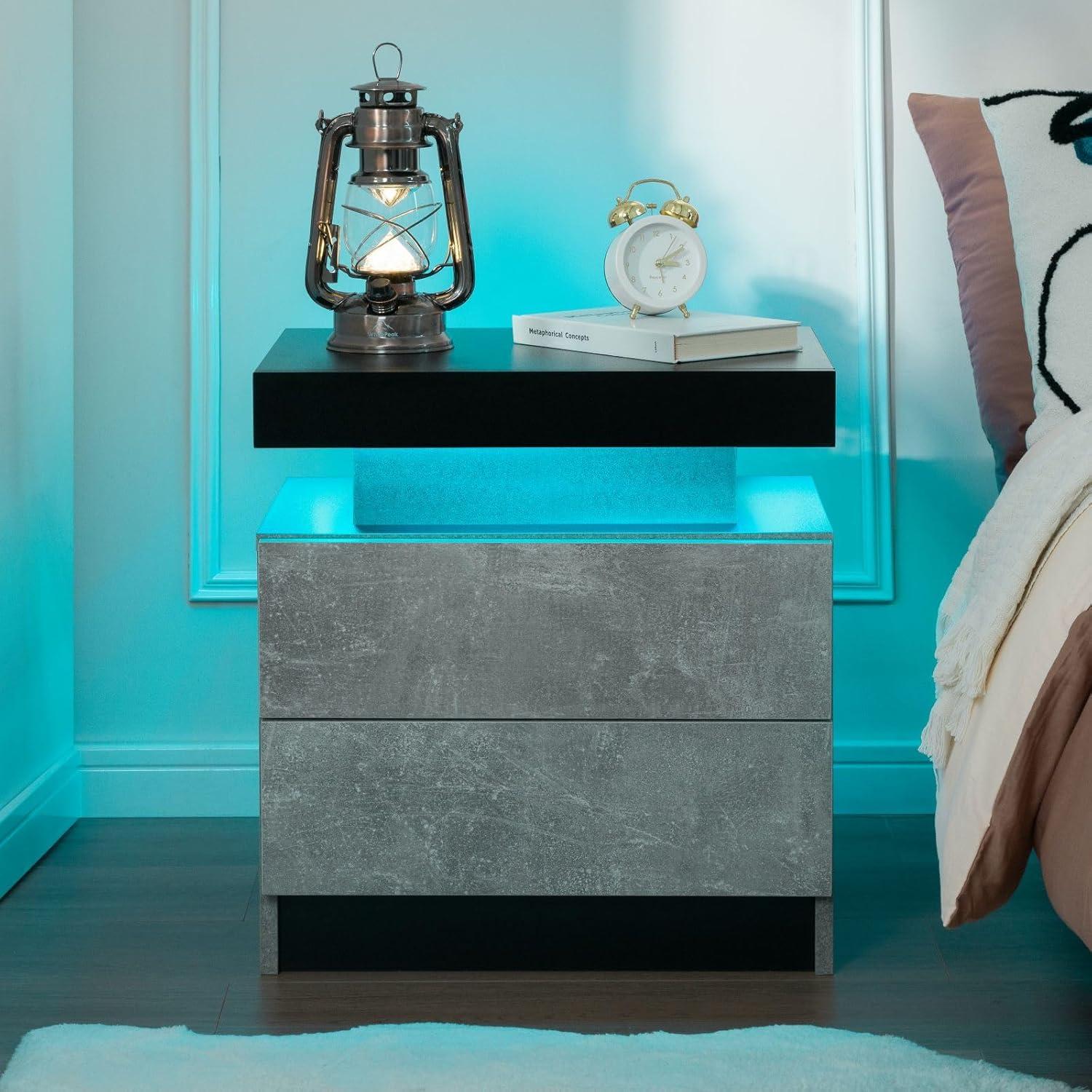 Grey and Black Particle Board Nightstand Set with LED Lights