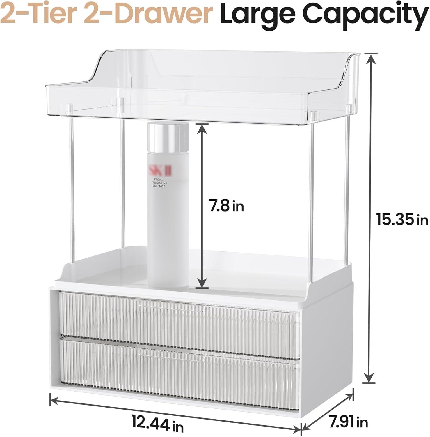 2-Tier 2-Drawer Bathroom Counter Organizer, Elegant Makeup Organizer, Easy To Install, Suitable As Bathroom Organizers And Storage, Vanity And Countertop Organizer