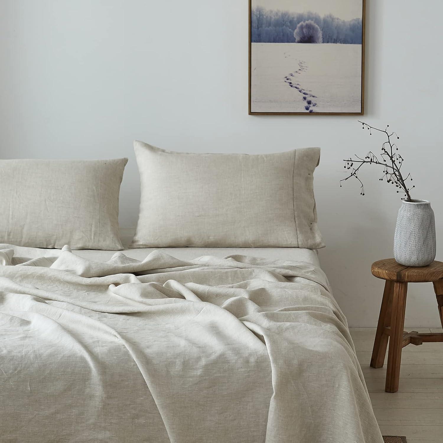 Simple&Opulence 100% French Linen Pillowcase Queen Size-Set of 2- Washed Solid Color Pillow Cases Embroidered -Soft and Durable (Linen, 20''x30'')