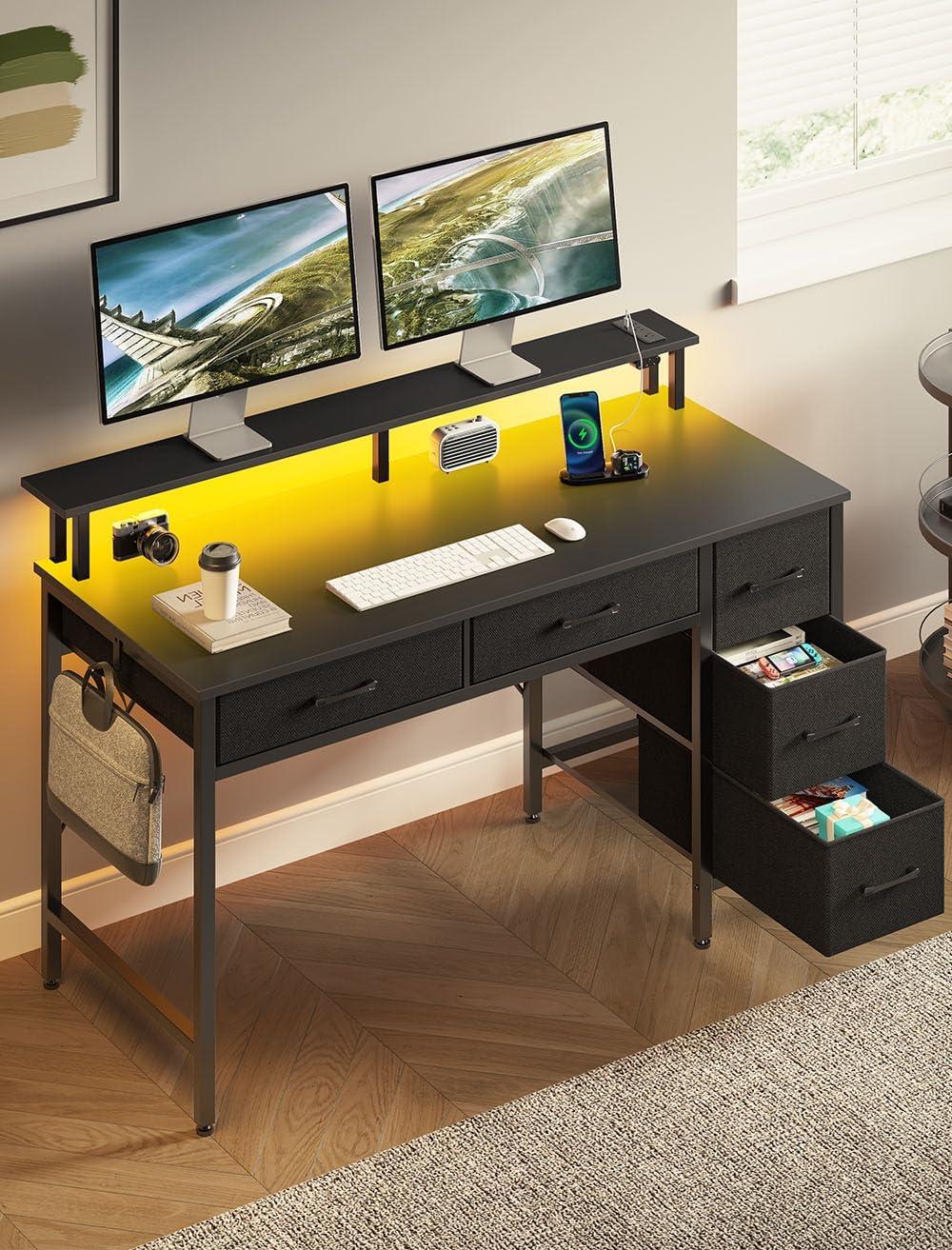 Black Wood Writing Desk with Power Outlet and Drawers