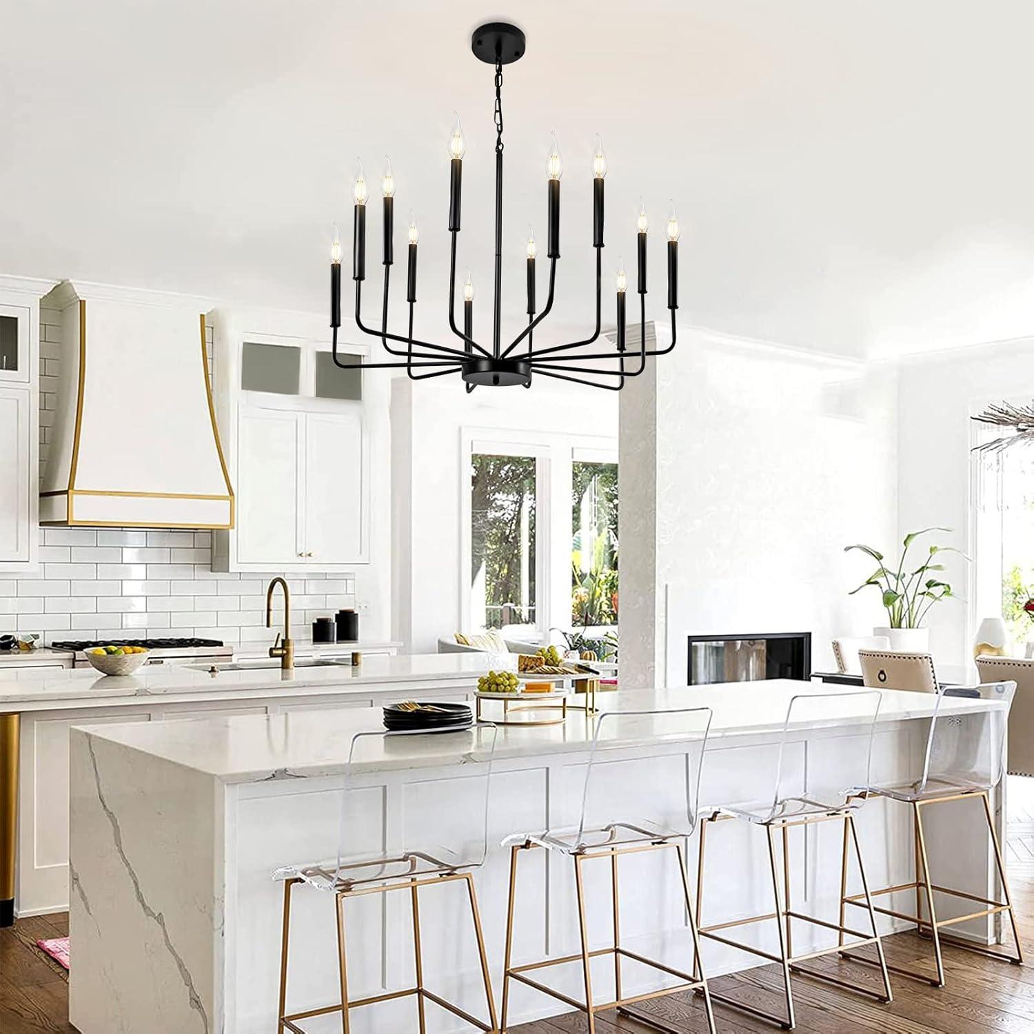 Black Chandelier, 12-Light Farmhouse Chandeliers for Dining Room, Classic Candle Ceiling Pendant Light Fixture for Living Room, Foyer, Kitchen Island, Bedroom, Entryway