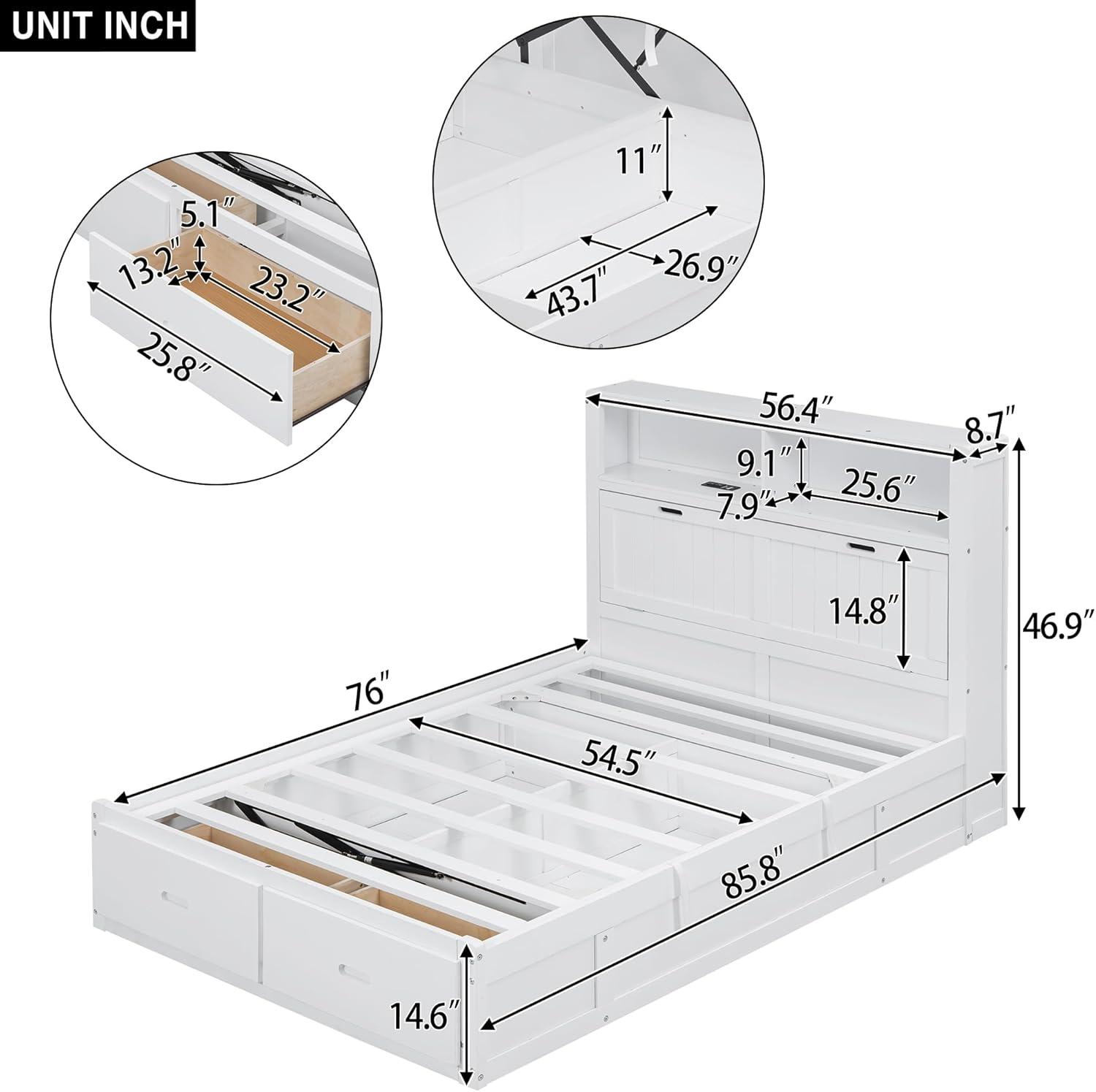 Linique Hydraulic Platform Bed, Wood Full Size Bed Frame with Storage LED Headboard, Built-in Charging Station and 2 Drawers (White)